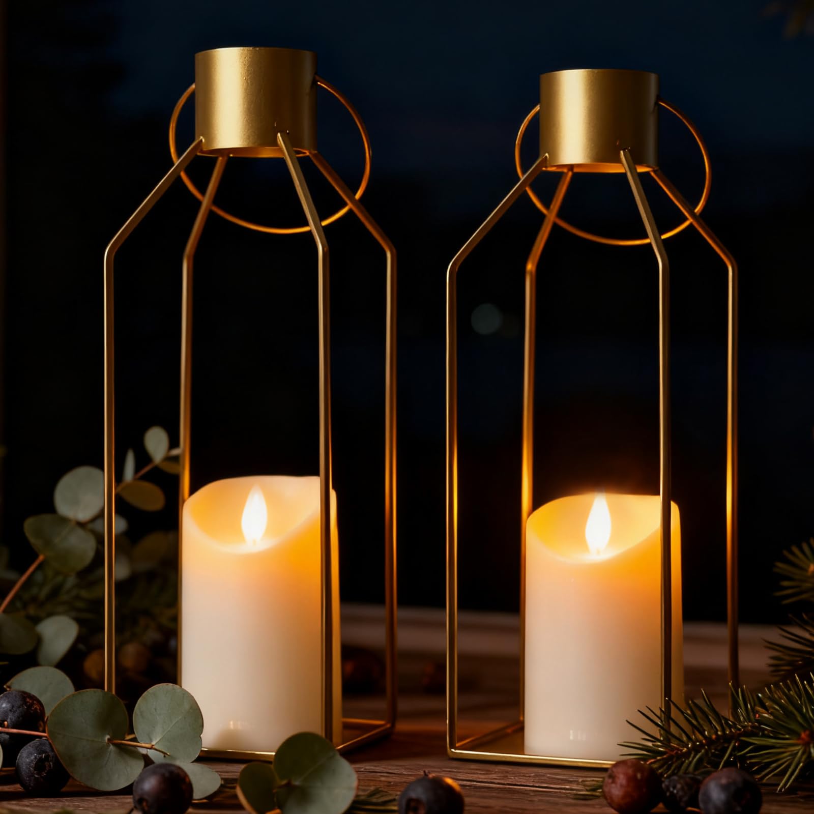 Farolillos para exterior con velas LED, juego de 2 farolillos de jardín de 32 + 40 cm, farolillos decorativos de acero inoxidable, farolillos decorativos para decoración de mesa, boda, Navidad (dorado