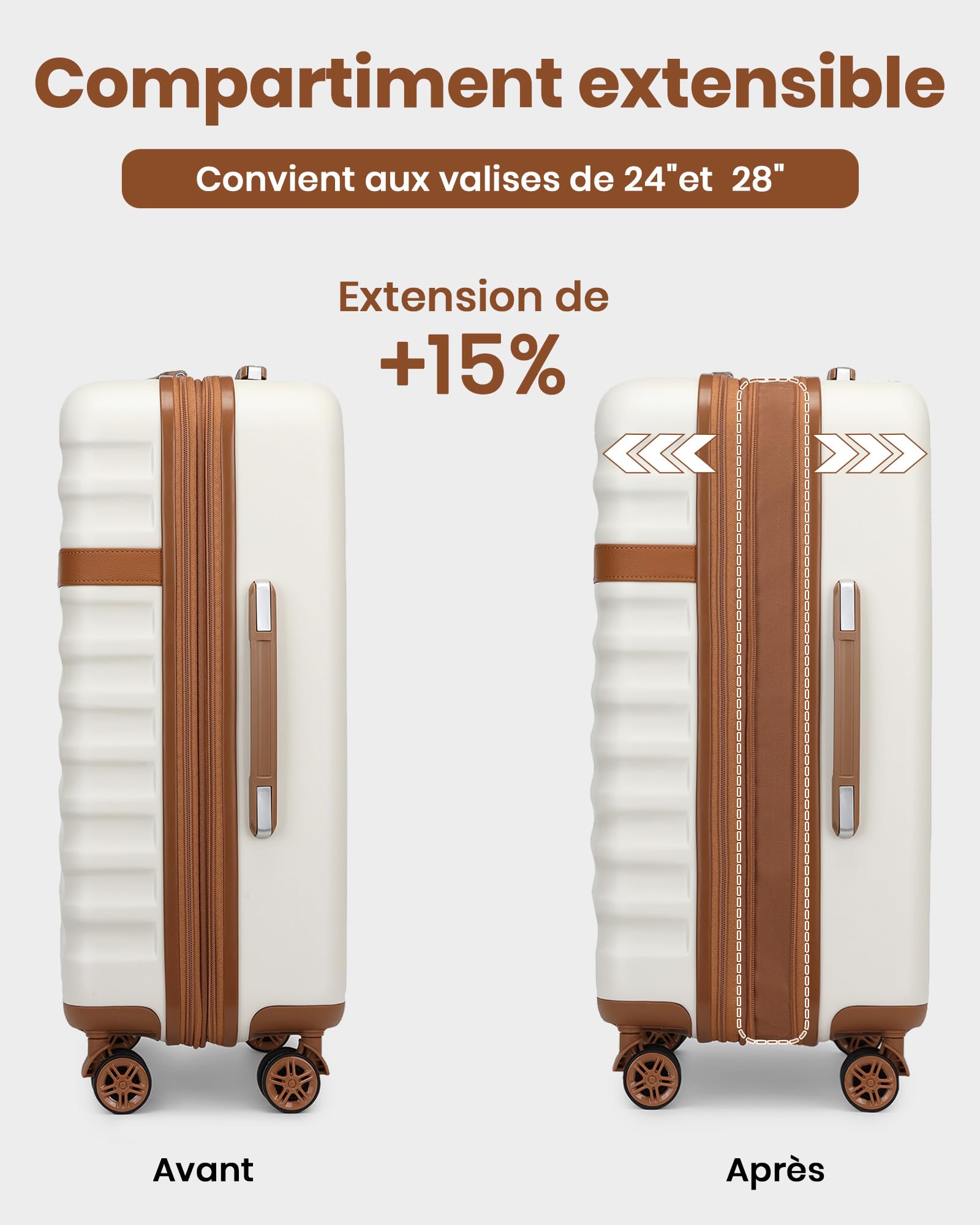 Kono Set de 3 Valises d'une Valise Grande Taille 75cm Extensible à Roues Silencieuses et Serrure TSA, Un Sac de Voyage à Poche Imperméable et Sangle pour Valise, et Une Trousse de Toilette (Crème)