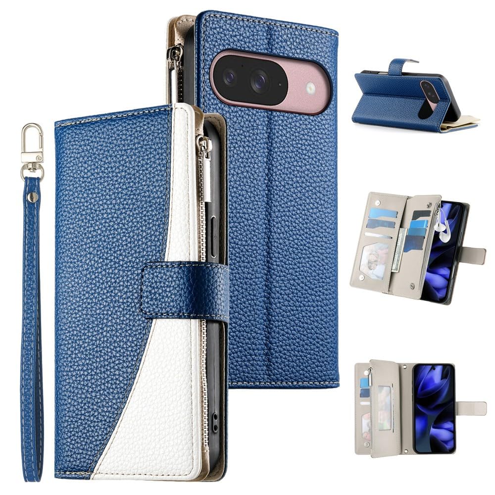 Coque Pixel 10 Pro bleu foncé portefeuille cuir avec zip - 8
