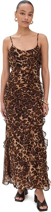 endless rose Women's Animal Print Ruffled Slip Maxi Dress