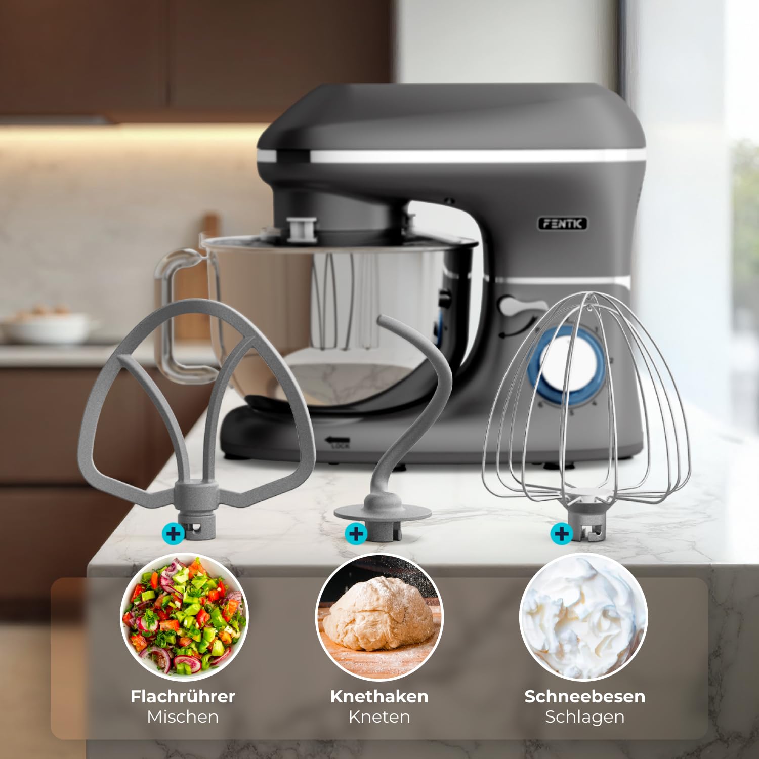 Küchenmaschine - 2000W - Edelstahl Rührschüssel (6,2 L) - Knetmaschine mit Rührhaken, Knethaken, Schlagbesen und Spritzschutz - Inkl. zusätzlichem Zubehör - Anthrazit