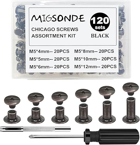 MIGSONDE Kit surtido de 120 tornillos Chicago, tornillos de encuadernación M5, botón de remache de uñas, decoración de cuero, encuadernación de