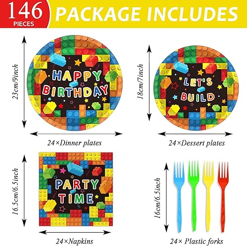 Miniatura 2 de Juego de 146 piezas de bloques de construcción para fiesta de cumpleaños, decoraciones de ladrillo de cumpleaños para niños, platos de papel,