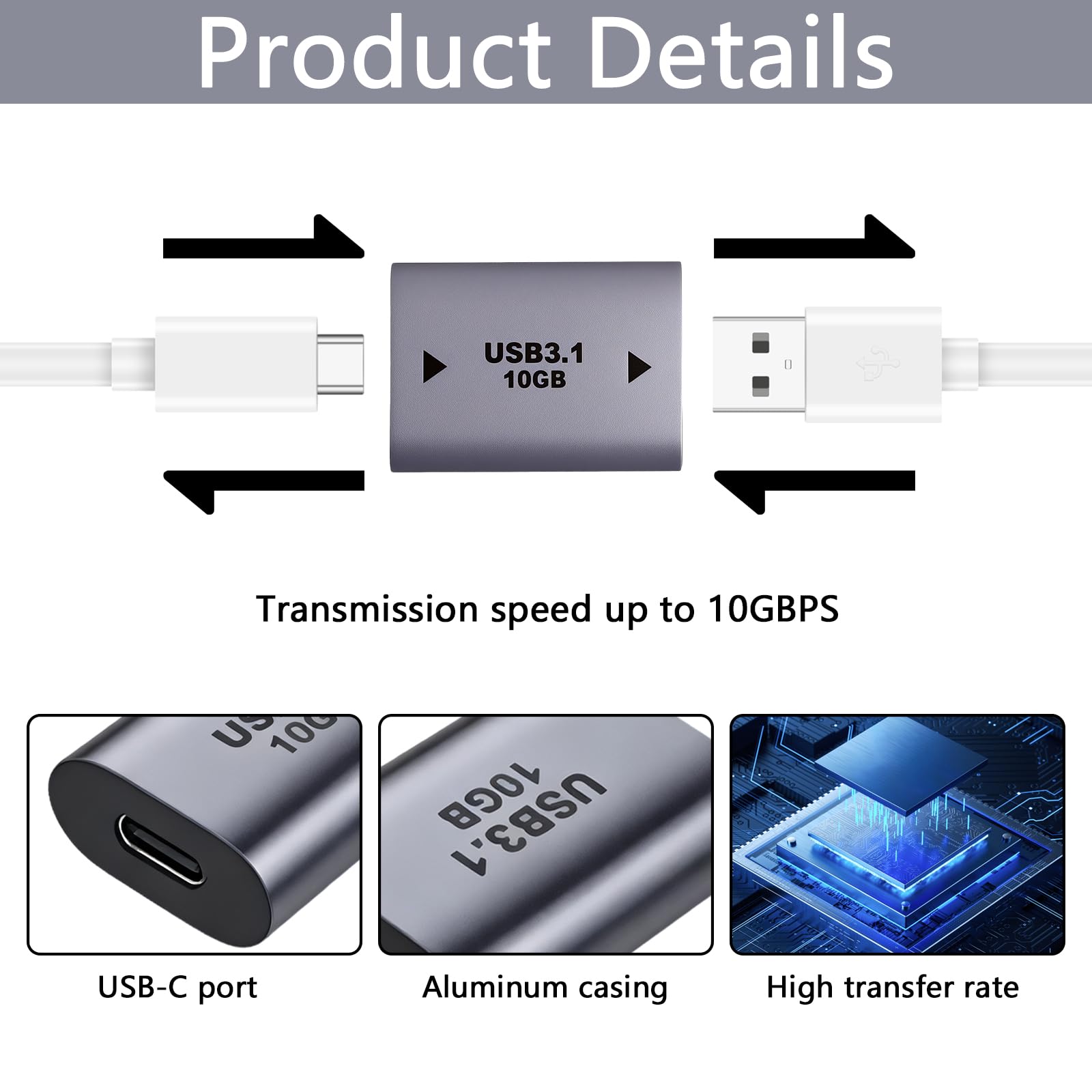 TNSLAND 2 sztuki adapterów USB żeński do USB-C żeński 10 Gb/s oraz 1 sztuka adaptera USB C żeński do USB męski do obsługi wideo i audio w tabletach i hubach, kompaktowe i trwałe