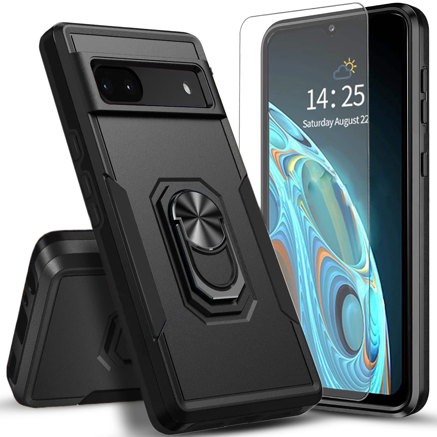 Circlemalls Google Pixel 6A Case, [Not Fit Pixel 6] with [Tempered Glass Screen Protector Include], Military Grade 12 ft Drop Test Shockproof with Ring Holder Kickstand Phone Cover- Black