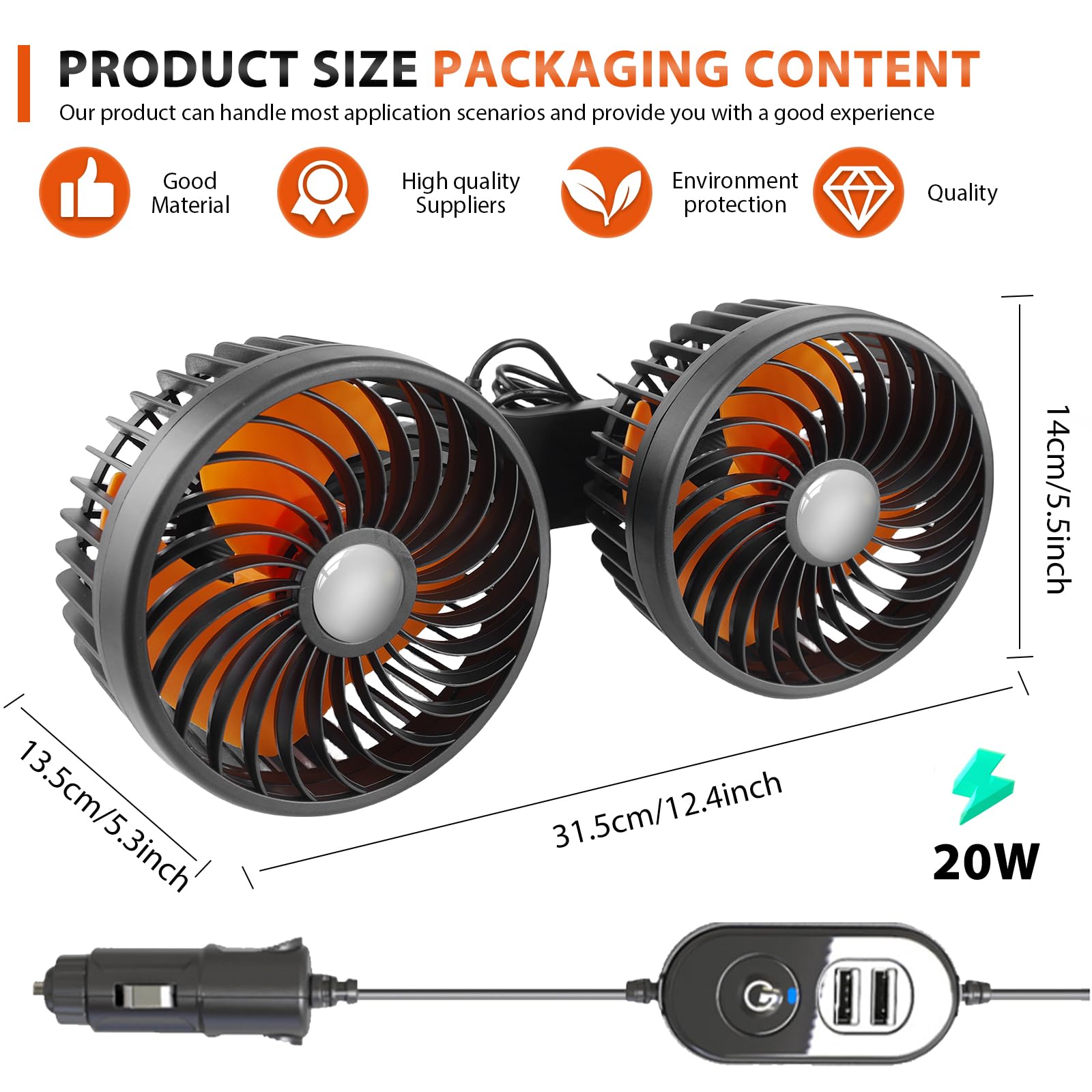 Ventilatore per auto, 12 V, per sedile posteriore, girevole a 360 gradi, ventola per auto a doppia testa, ventilatore per auto, mini ventilatore, portatile girevole a 360°, per veicoli come berlina,