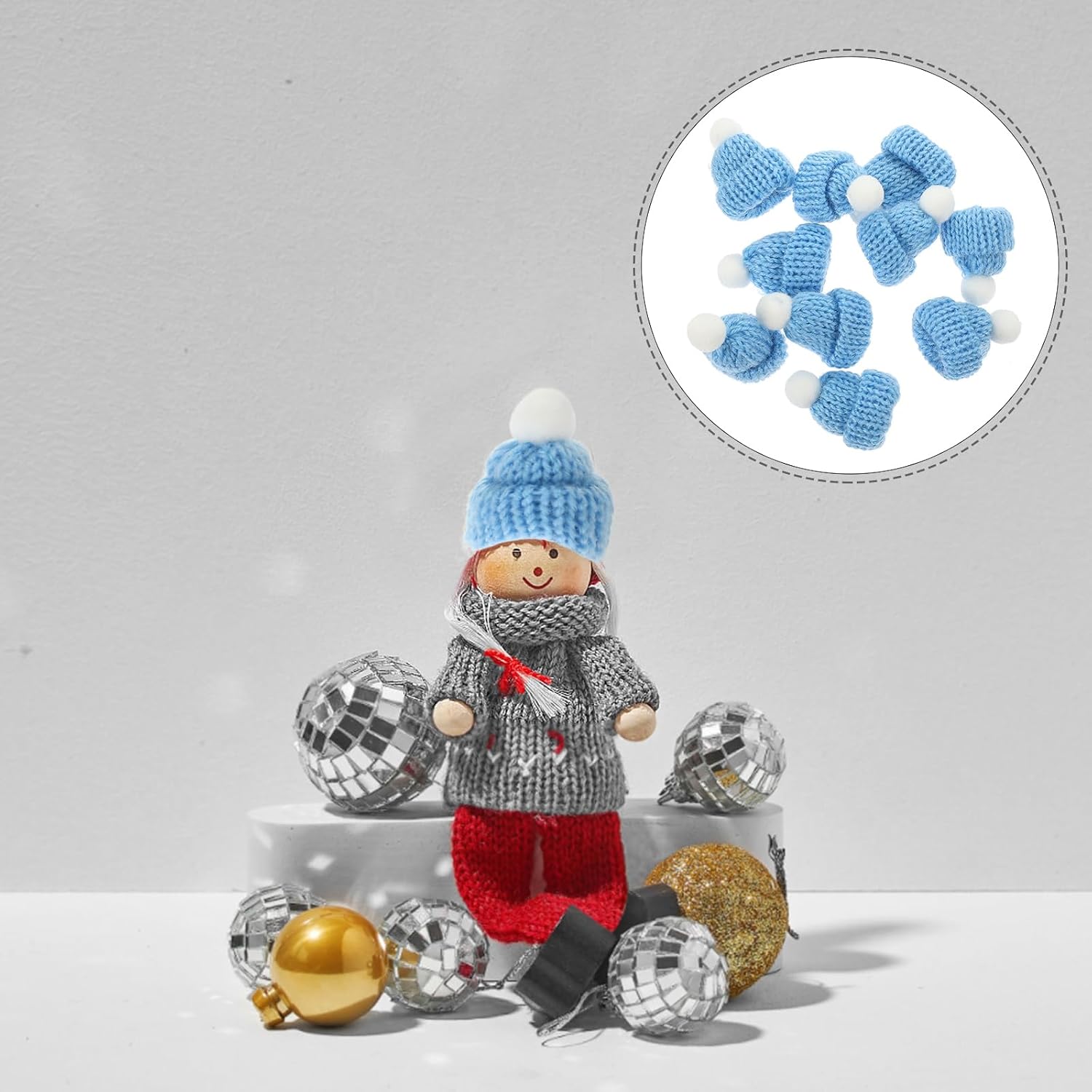 Amosfun 10pcs Light Blue Mini Santa Hats Knitted Christmas Hat DIY Crafts Small for Holiday Decorations