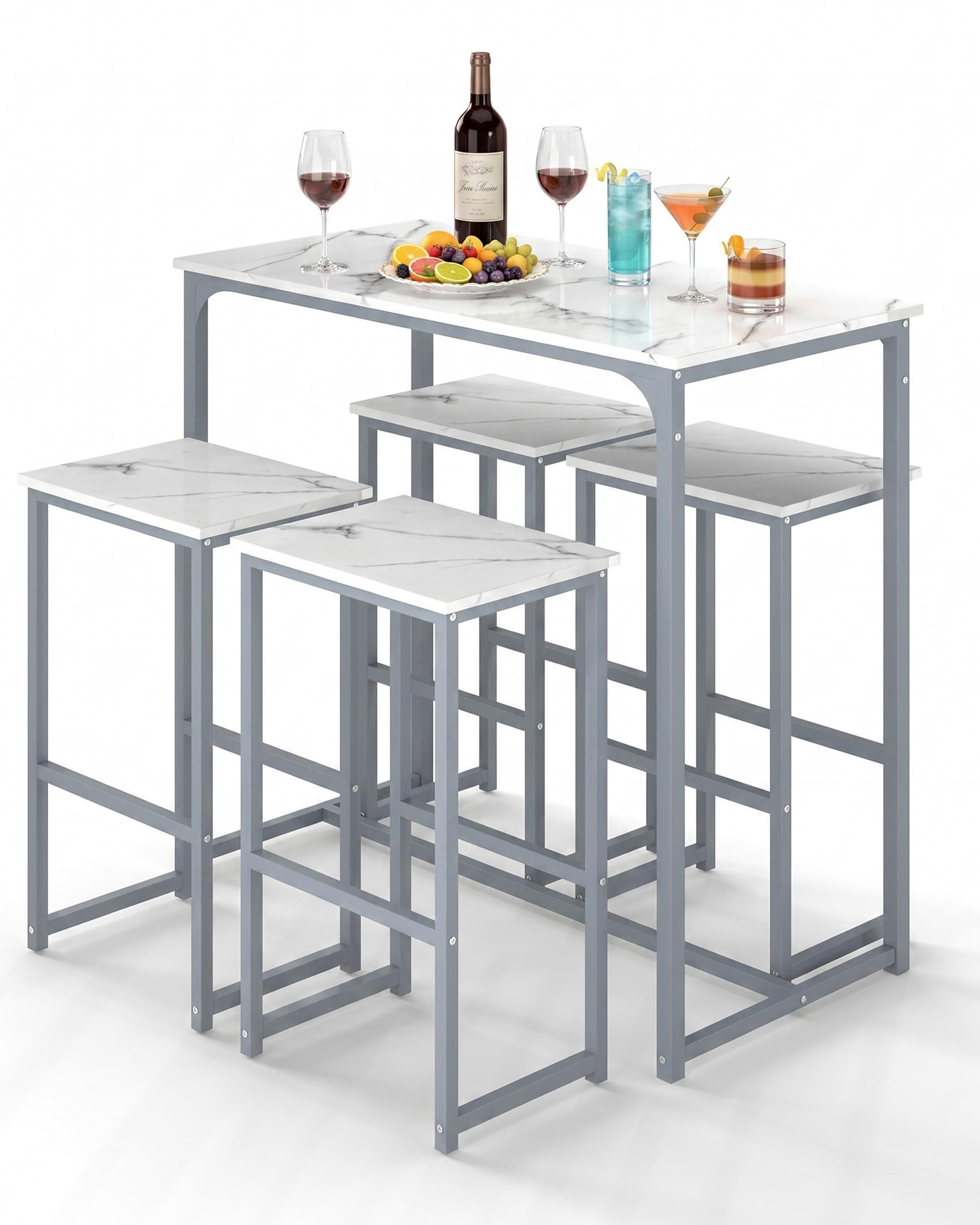 Tavolo Cucina Salvaspazio con Sedie, Tavolo Bar Alto con Sgabelli, Elegante semplicità in marmo bianco e cornice in argento, Ideale per ristoranti, bar, caffè, ecc.