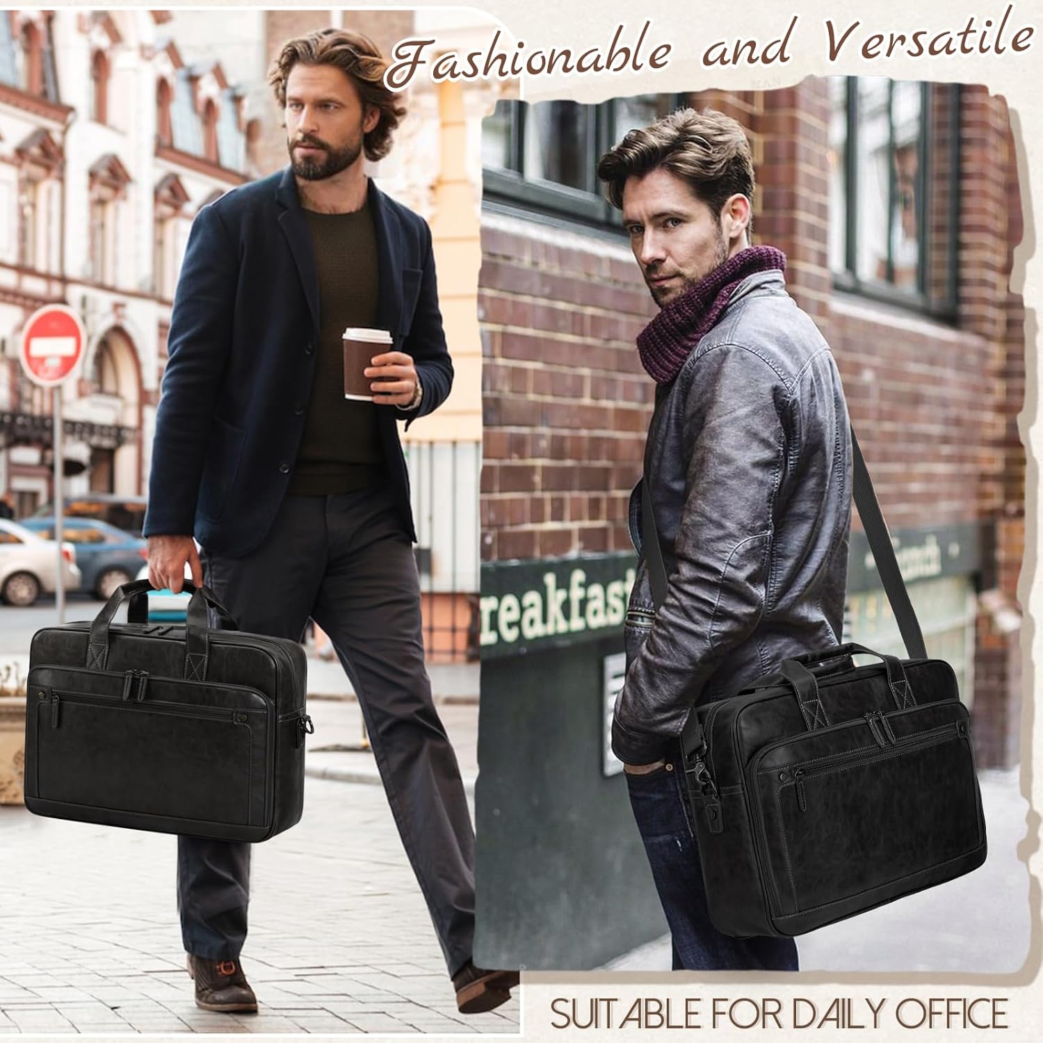 RAINSMORE Mens Laptop Bag 16 Inch Leather Briefcase Vintage Messenger Bag for Men Large Crossbody Shoulder Office Computer Bag Retro College Satchel for Work, Business,Travel, Black - Image 2