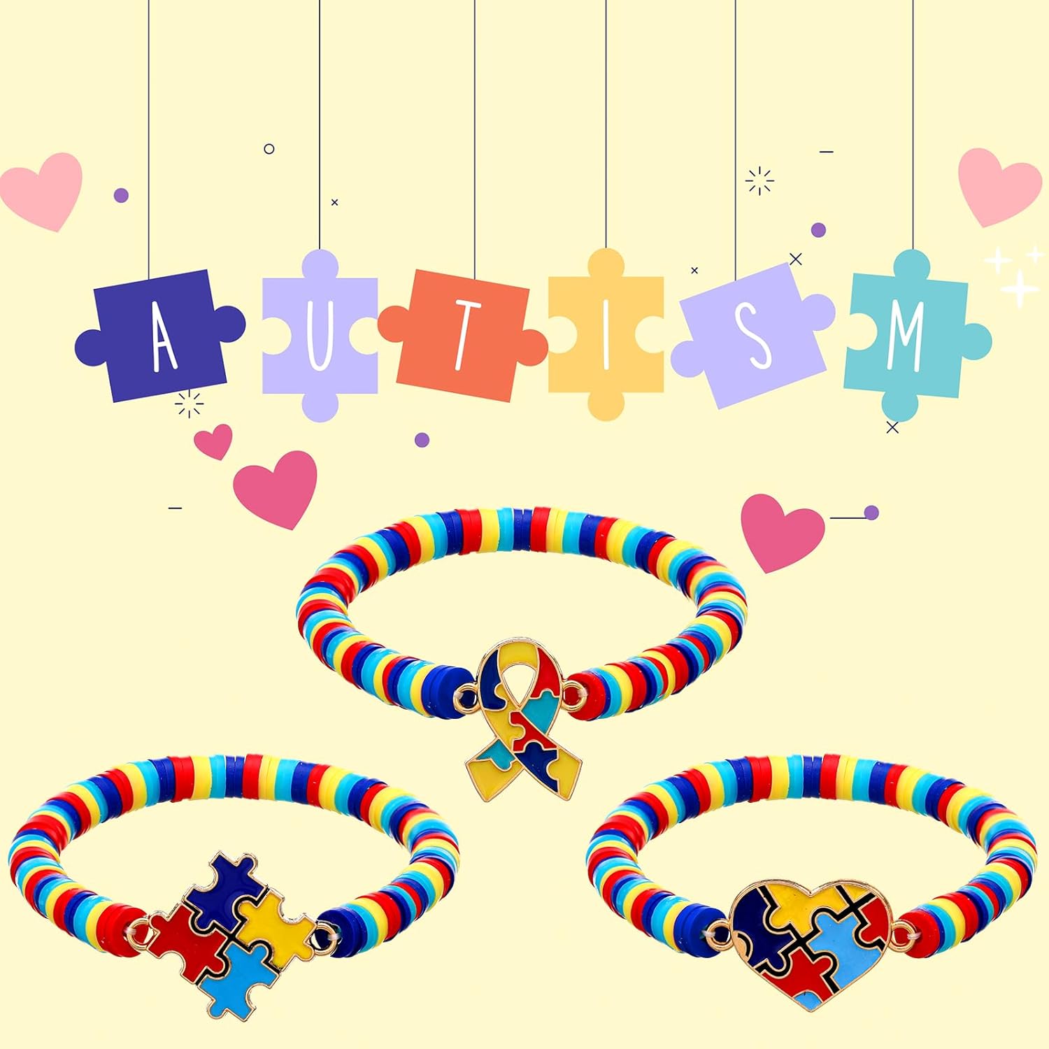24 Pcs Autism Awareness Clay Bead Bracelets Bulk Colorful Puzzle Pieces Inspirational Jewelry Accessories for Autism Awareness Party Favors Gift Supplies - Image 7