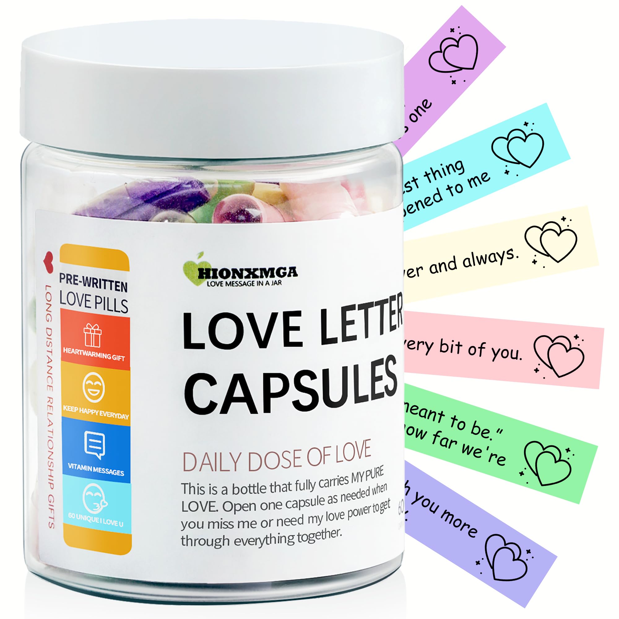 HIONXMGA Long Distance Relationship Gifts - (60PCS) Pre-Written Love Message Capsules In A Plastic Bottle Cute Gifts for Him Her Boyfriend Girlfriend Anniversary Birthday Valentines Day Gifts
