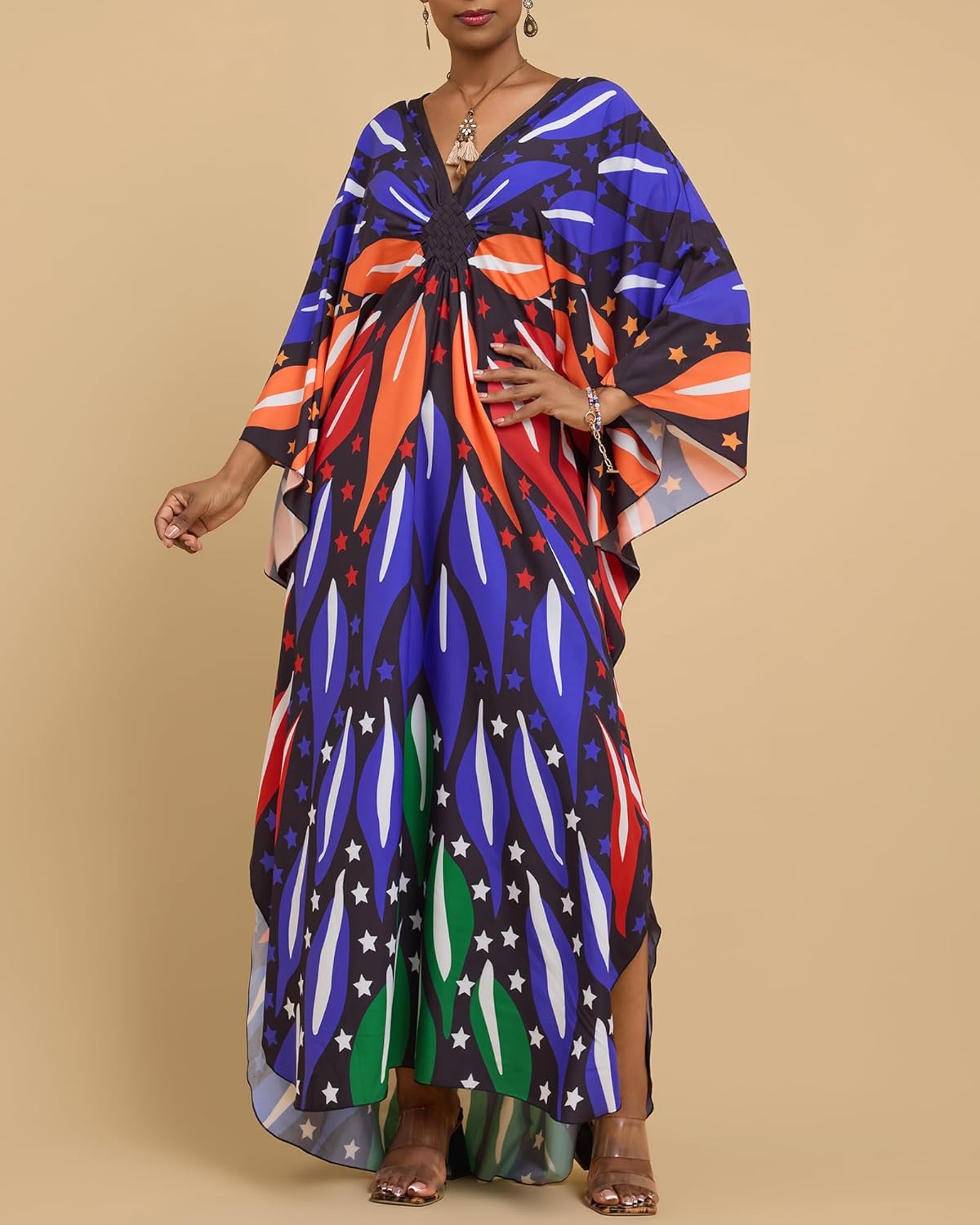 Bsubseach Kaftan Dresses for Women Batwing Sleeve Beach Cover Up Plus Size Swimsuit Coverup Caftan Loungewear Dark Blue - Image 2