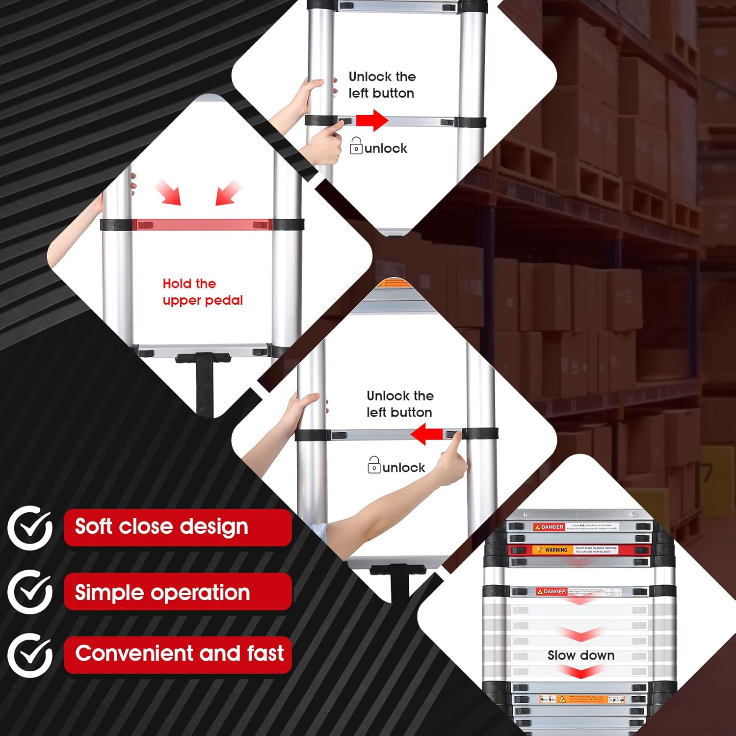 Yvan Telescoping Ladder,8.5 FT Aluminum Telescopic Extension Ladder,Soft Close Design Multi-Purpose Extendable Ladder for Household Daily or Hobbies,330 Lb Capacity