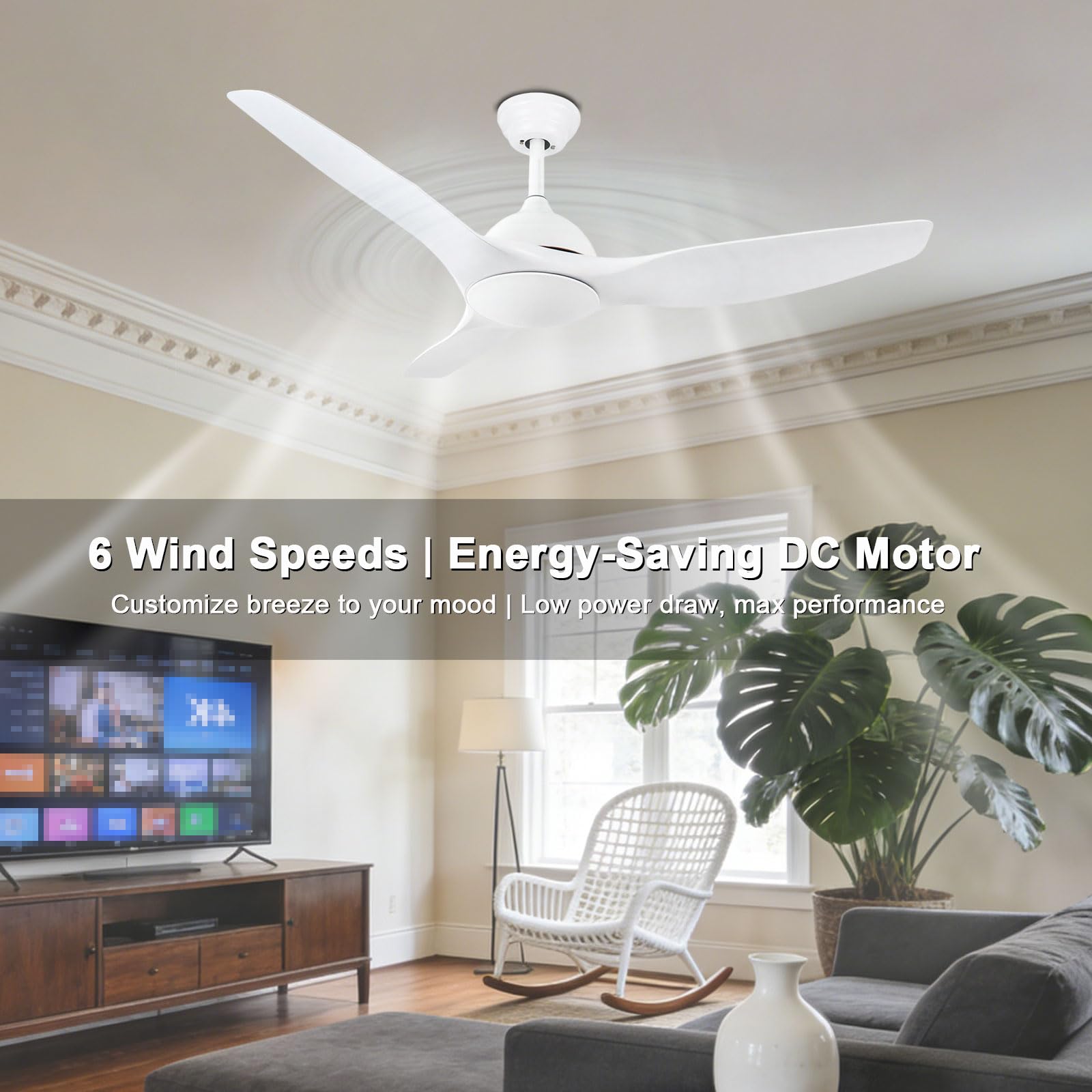 Ventilatore da soffitto a Basso Profilo da 52 Pollici Senza Luce, Bianco, Silenzioso, Ideale per Camera da Letto, Stile Rustico, Patio, Interni, Moderno, Intelligente, con telecoma