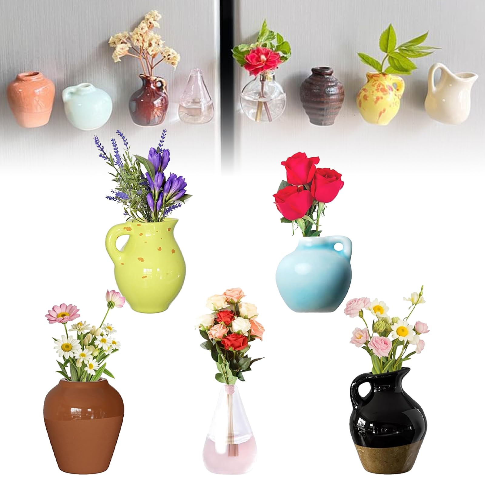 Mini Vase Magnets for Fridge,Mini Bud Vases Magnetic,Cute Magnetic Tiny Flower Vases 3D Ceramic Flower Vase for Decorating Kitchen Storage Cabinet