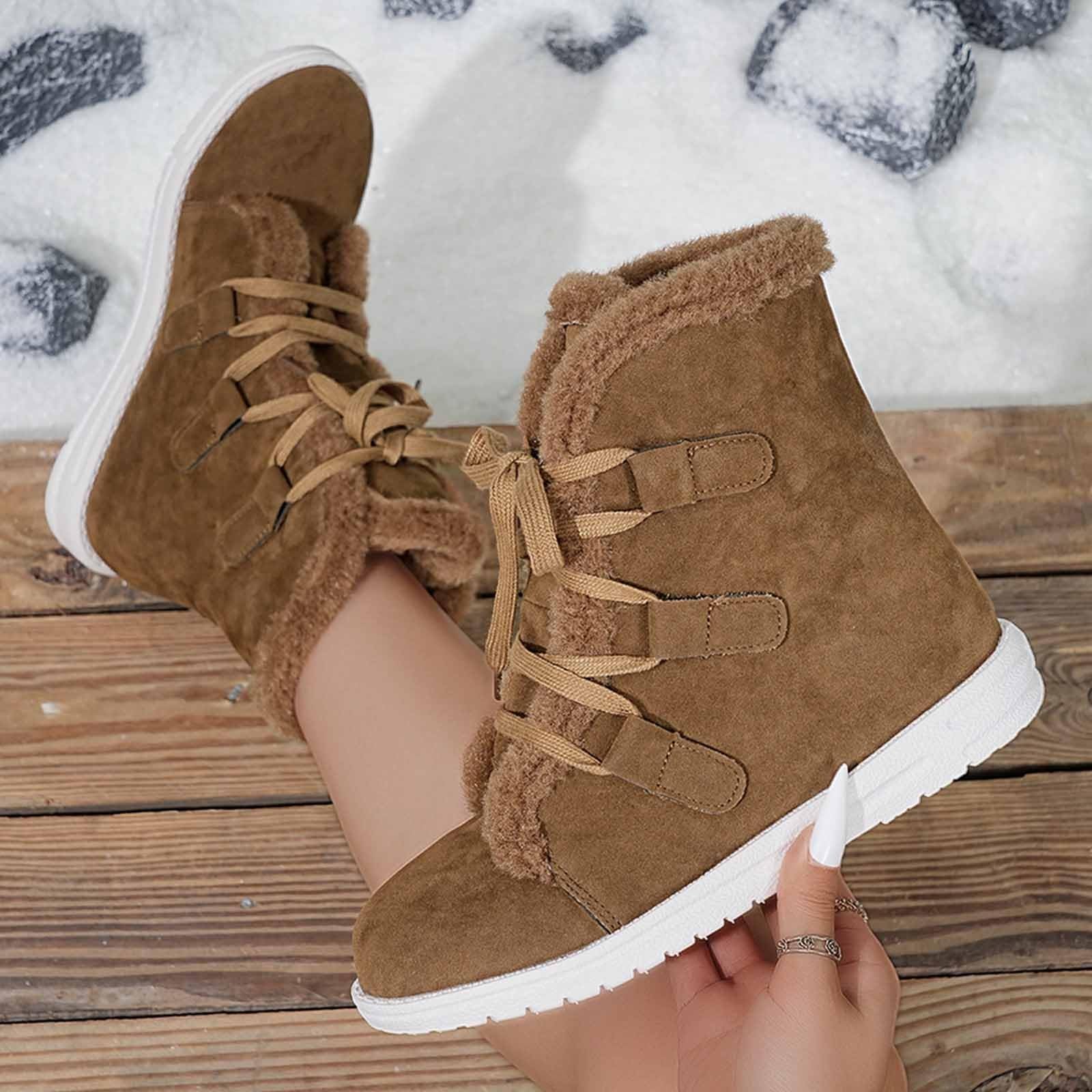 Bottes de Neige Femme Fourrées en Daim Bottes Femme Hiver Chaudes à Lacets Bottine Confort Chic Chaussure Hiver Plate Bottines Snow Boots Fourrées Imperméable Botte Neige Chaussures de Randonnée Ski