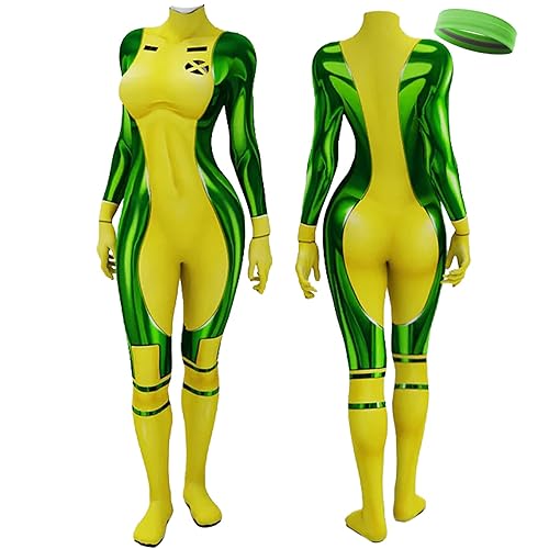 Lizagnur Rogue Cosplay Costume Women 3D Printd Spandex Jumpsuit Halloween Superhero Rogue Costumes - Green - With Headband - Large