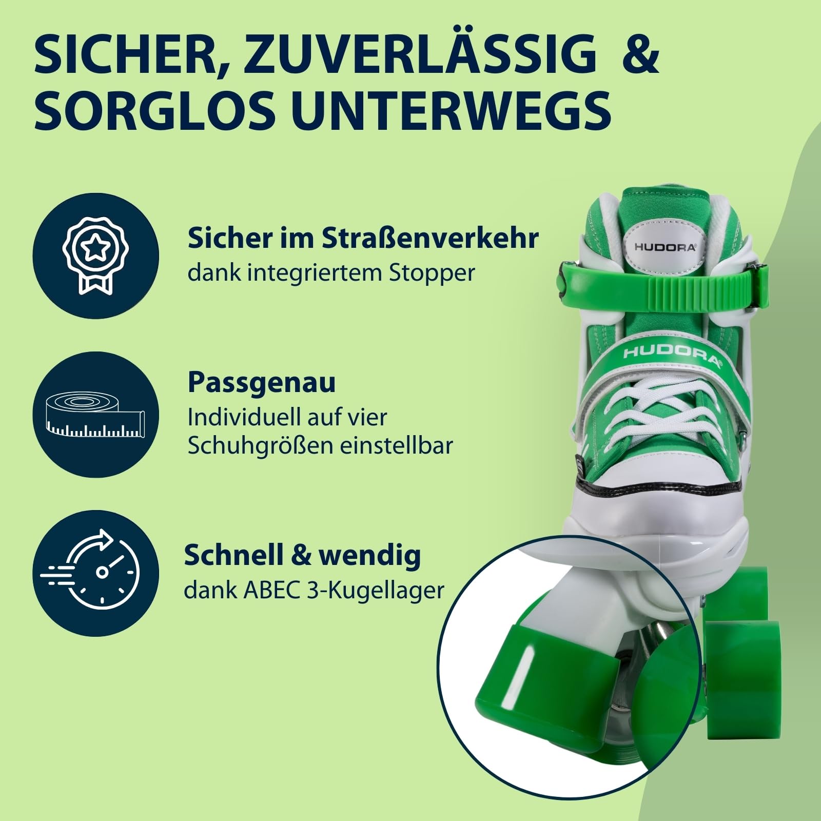 HUDORA Roller Skates Sneaker in versch. Farben & Größen - Kinder Rollschuhe über 4 Größen verstellbar - Rollschuhe für Kinder & Jugendliche - Roller Schuhe mit 4 austauschbaren Innensohlen