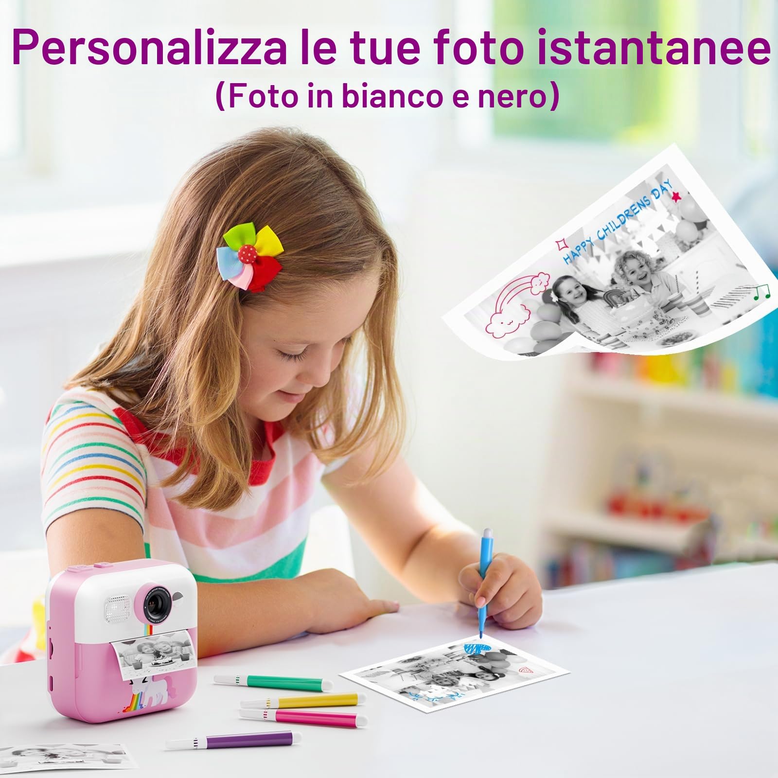 Macchina Fotografica Bambini Istantanea, 2,4 Pollici 1080P Fotocamera Bambini Selfie con Carta da Stampa e 32GB Scheda, Giocattolo Regalo di Natale Bambino e Bambina 3 4 5 6 7 8 Anni (Rosa)