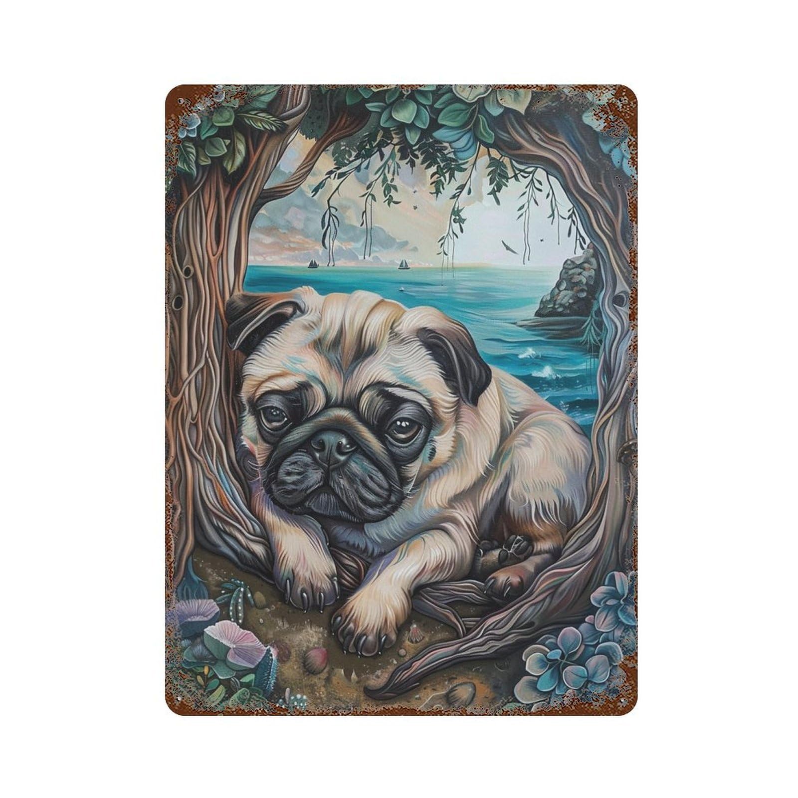Vintage Metal Tin Sign Magical Pug Paradise 15.7"x11.8", Classic Wall Plaque for Pub, Kitchen And Man Cave Decor