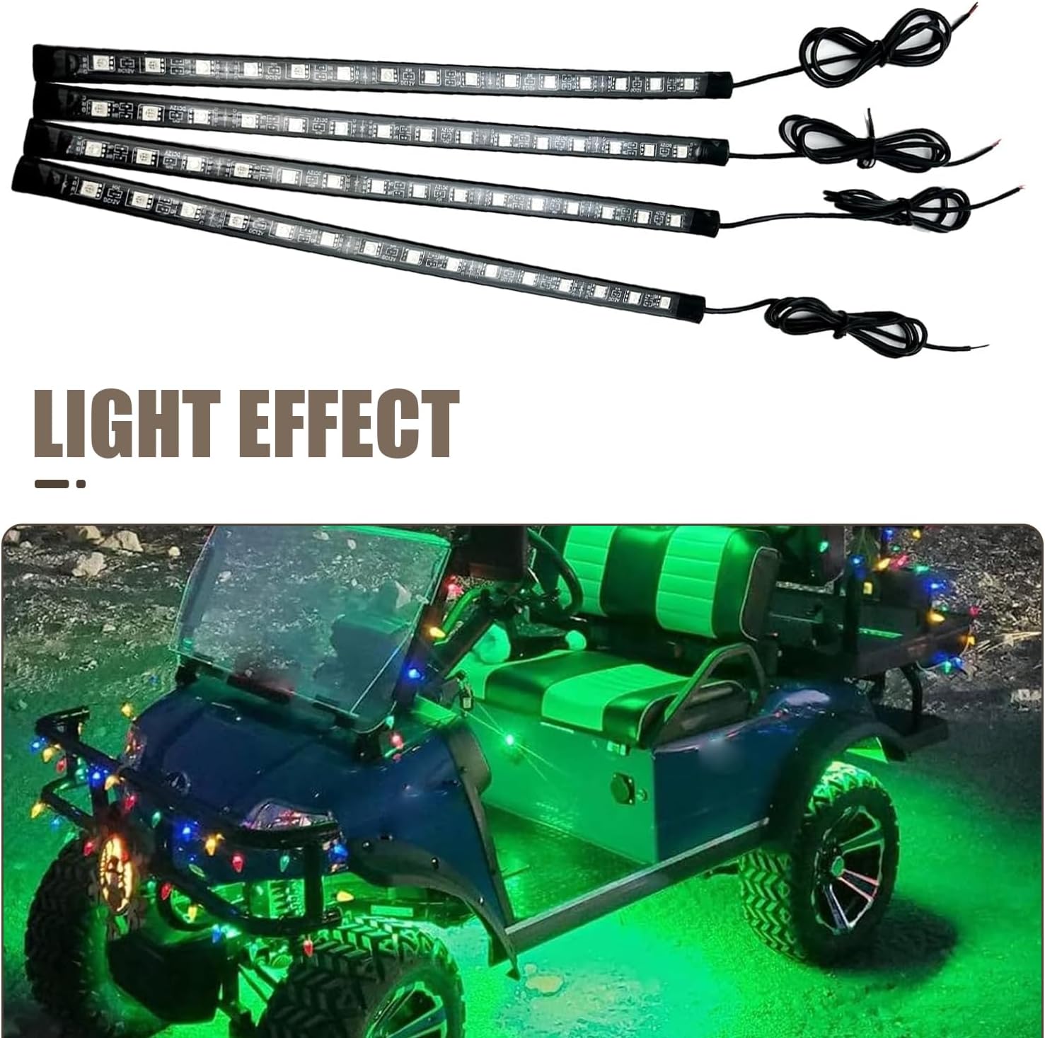 4 PCS Car LED Strip Lights, 5050-15SMD High Brightness Flexible Lamp Strips, IP67 Waterproof 12V DC Bulb with Back-adhesive, Universal Ambient Lighting for Cars Motorcycles Boats (Green)