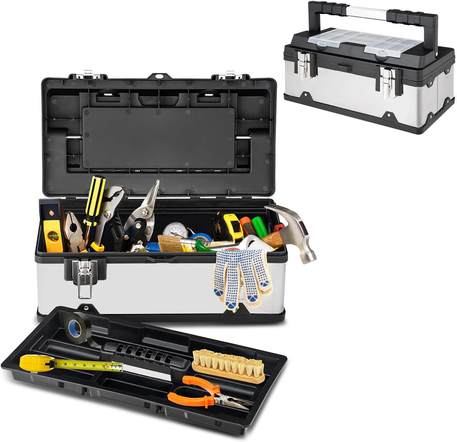 Goplus Portable Tool Box 19In Toolbox Lockable Cabinet Tool Storage Box Stainless Steel Organizer with Multiple Compartments, Handle Essential Tool Kit for Home Garage (19-in)