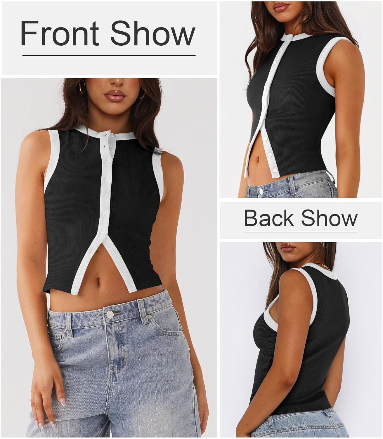 Womens Button Down Tank Top Sleeveless Ribbed Fitted Vest Casual Crewneck Trendy Y2K Going Out Crop Knit Vest Top - Image 3