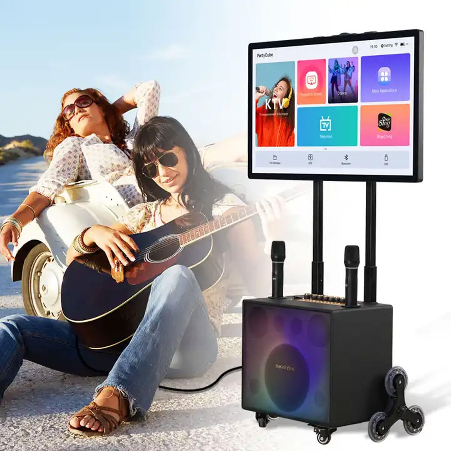 Przenośny system głośników Bluetooth z 32 tabletami dotykowymi i 2 mikrofonami bezprzewodowymi – idealny na kemping i imprezy