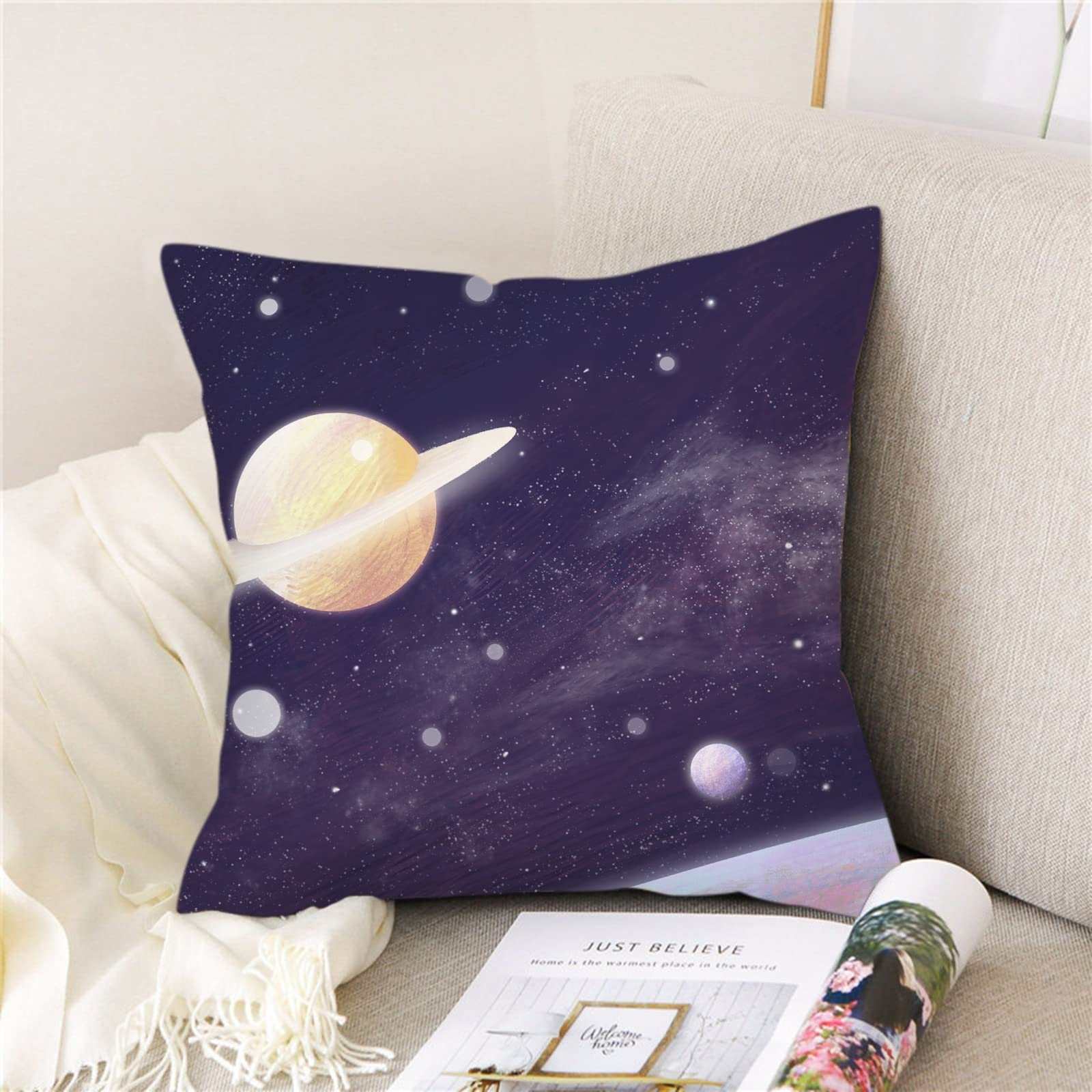 Epinki 50 x 50 cm ozdobna poszewka na poduszkę, zestaw 4 poduszek dekoracyjnych z wzorem planet w poliestru, do sypialni, biura, samochodu, zestaw poliestrów, 4 sztuki, wielokolorowe