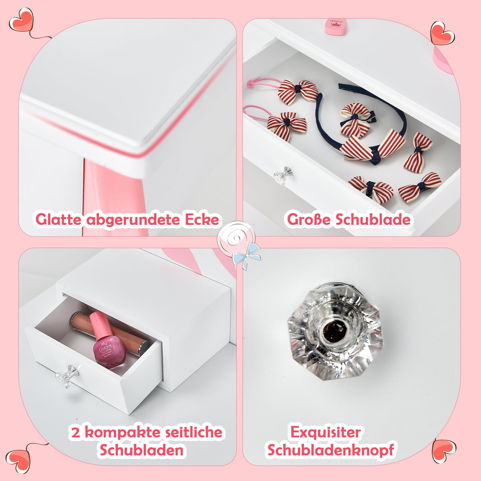 DREAMADE 2 in 1 Kinder Schminktisch mit Hocker & Abnehmbarer Spiegel, Prinzessin Frisiertisch Kosmetiktisch aus Holz, Kinderschminktisch mit 3 Schubladen für Kinder Mädchen ab 3 (Weiß)