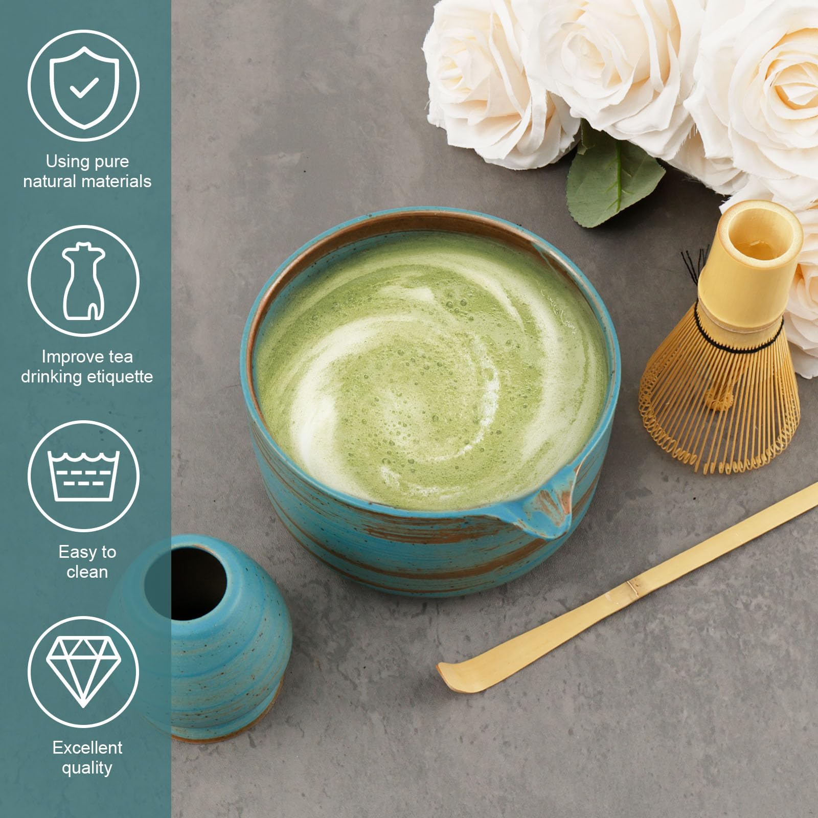 4Pcs Japanese Matcha Tea Set - Ceramic Bowl with Bamboo Whisk, Holder and Scoop Traditional Tea Ceremony Kit (F) - Image 3