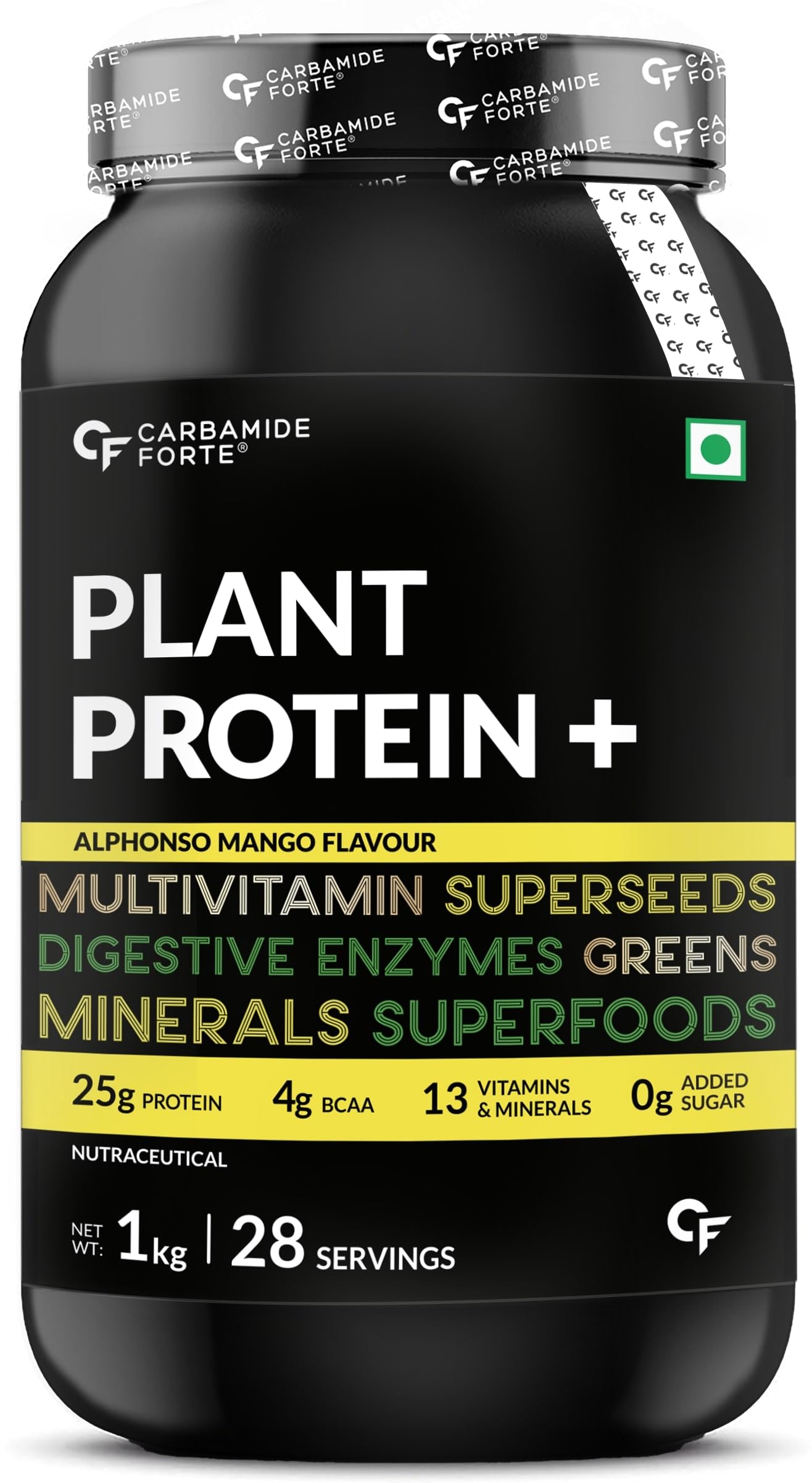 Carbamide Forte Vegan Protein Powder - Plant Based Protein Powder with Multivitamin, Minerals, Superfoods, Pea Protein, Digestive Enzymes | Alphonso Mango Flavour - 1Kg