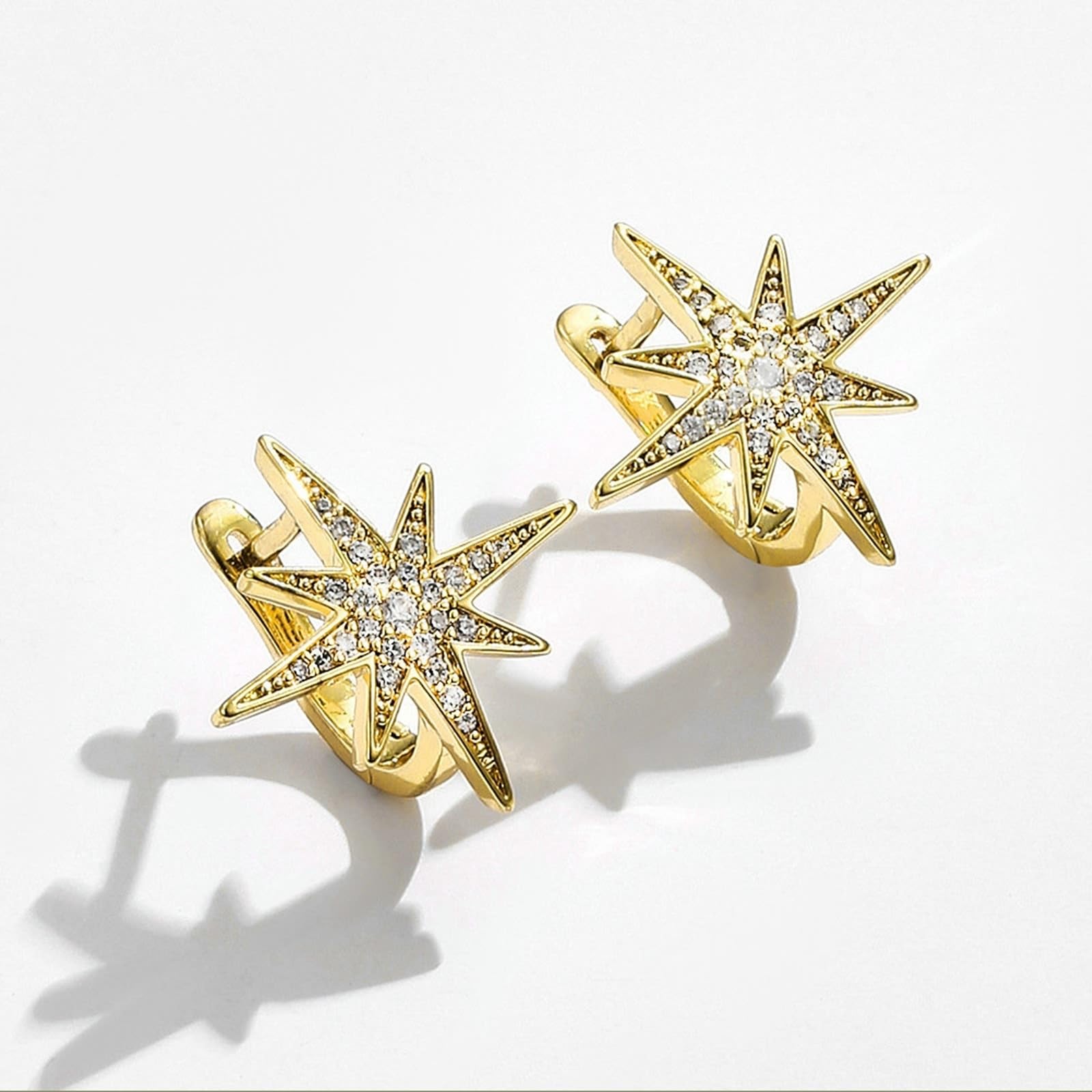 AMDXD Pendientes de oro blanco 585 de 14 quilates, estrella de aro con diamante, pendientes de oro Au585 para mujer, pequeños joyas de oro auténtico