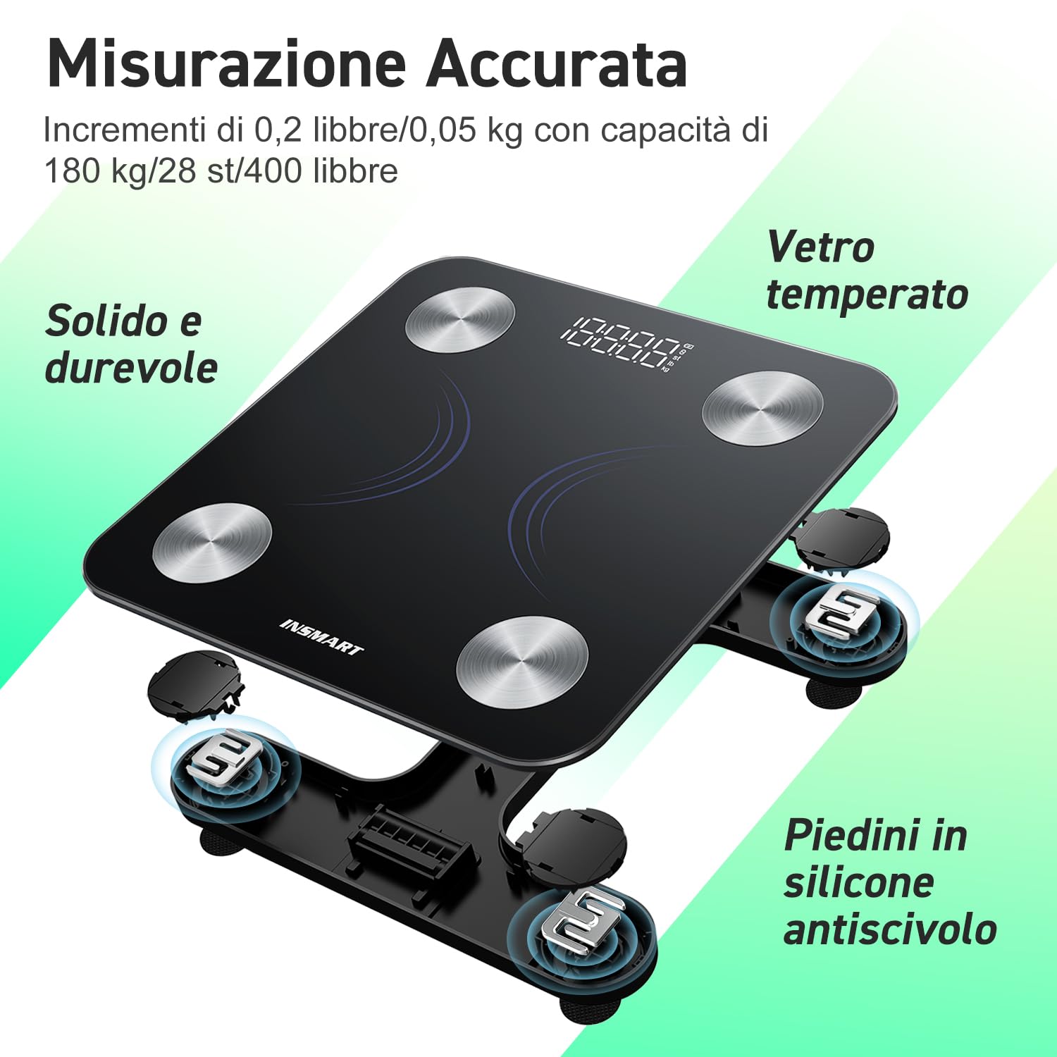 INSMART Bilancia Pesapersone Digitale Impedenziometrica Professionale: Pesa Persone Elettronica Precisa con Bioimpedenziometro,Misura Massa Magra e Grassa,Funzione e Tecnologia Smart per il Benessere