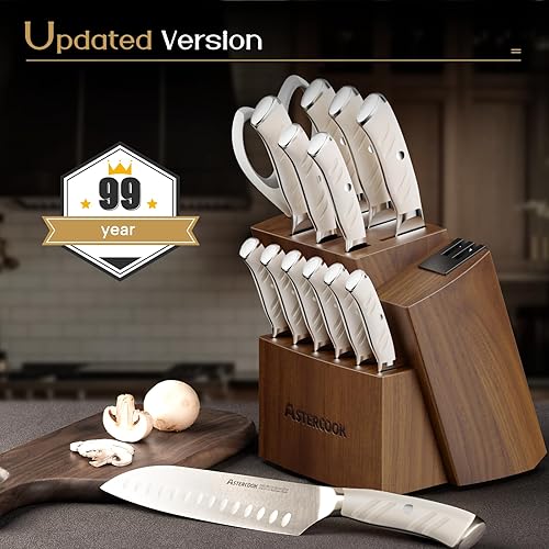 Miniatura 9 de Astercook Juego de cuchillos de cocina con bloque y afilador doble, 15 cuchillos de acero inoxidable alemán aptos para lavavajillas, juego de