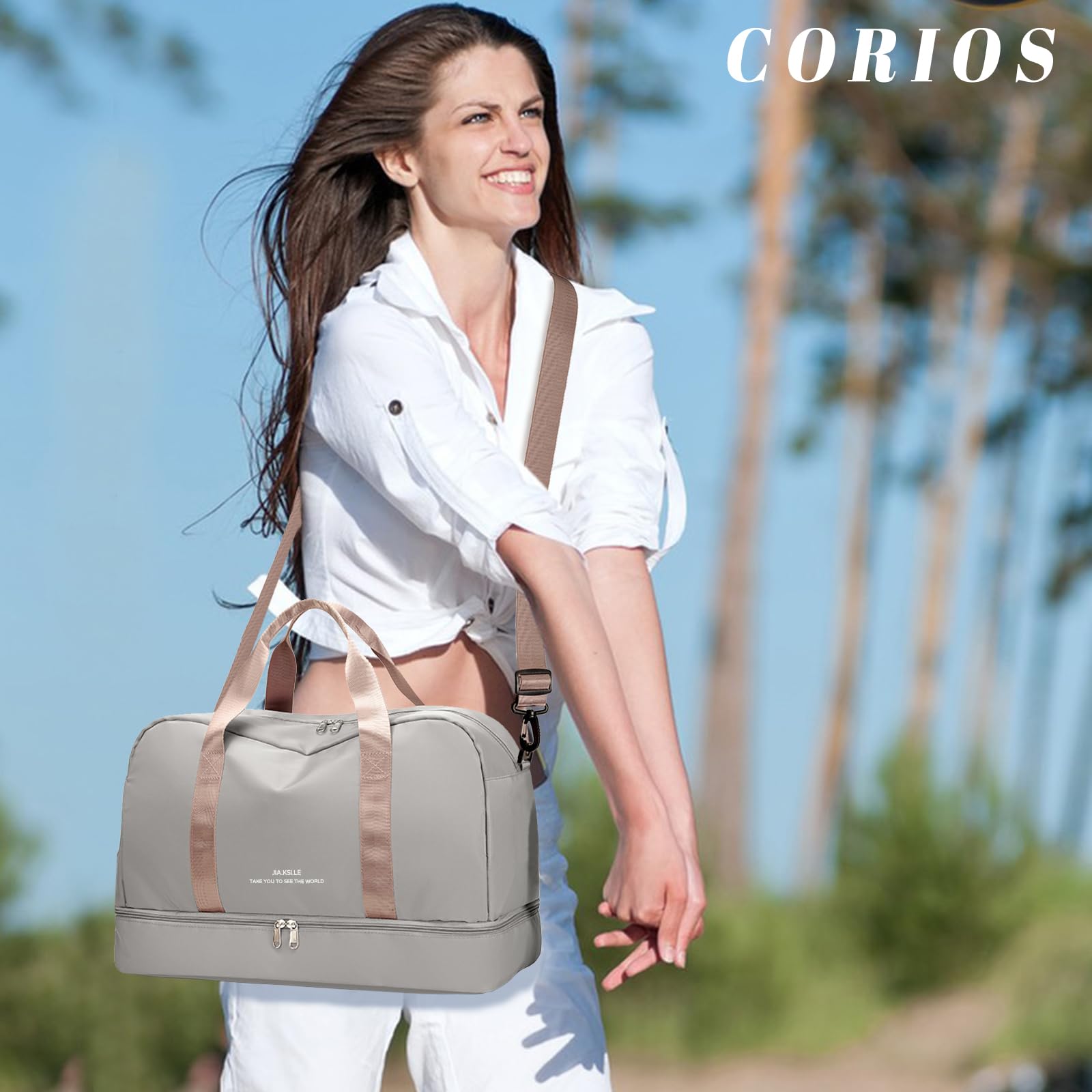 CORIOS Borsa Sportiva Donna/Uomo Borsone da Viaggio Grande Capacità Weekender Pernottamento Borsone Palestra con Scomparto Scarpe Bagaglio a Mano per Palestra Sport Viaggi Grigio