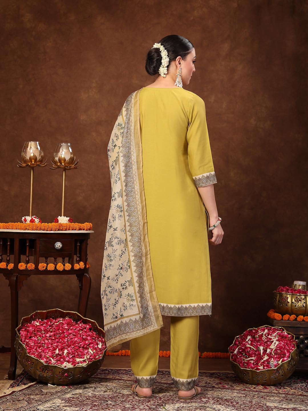 Stylum Women's Mustard Solid & Embroidered Silk Straight Kurta Pant Dupatta Set