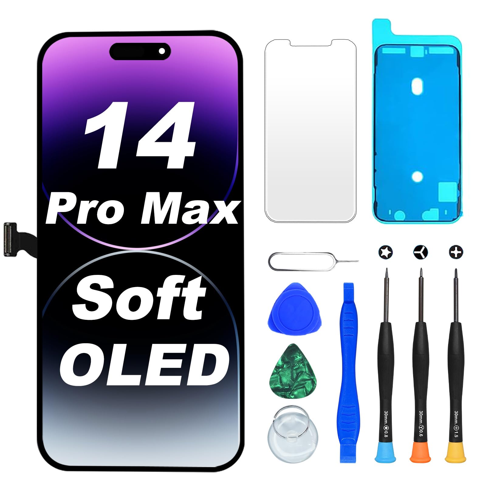 DIGI4U Ecran pour iPhone 14 Pro Max Soft OLED, 6,7" Full HD Compatible Face ID Retina 3D Touch True Tone avec Assemblage Digitizer, Kit d’Outils de Réparation et Adhésif Étanche