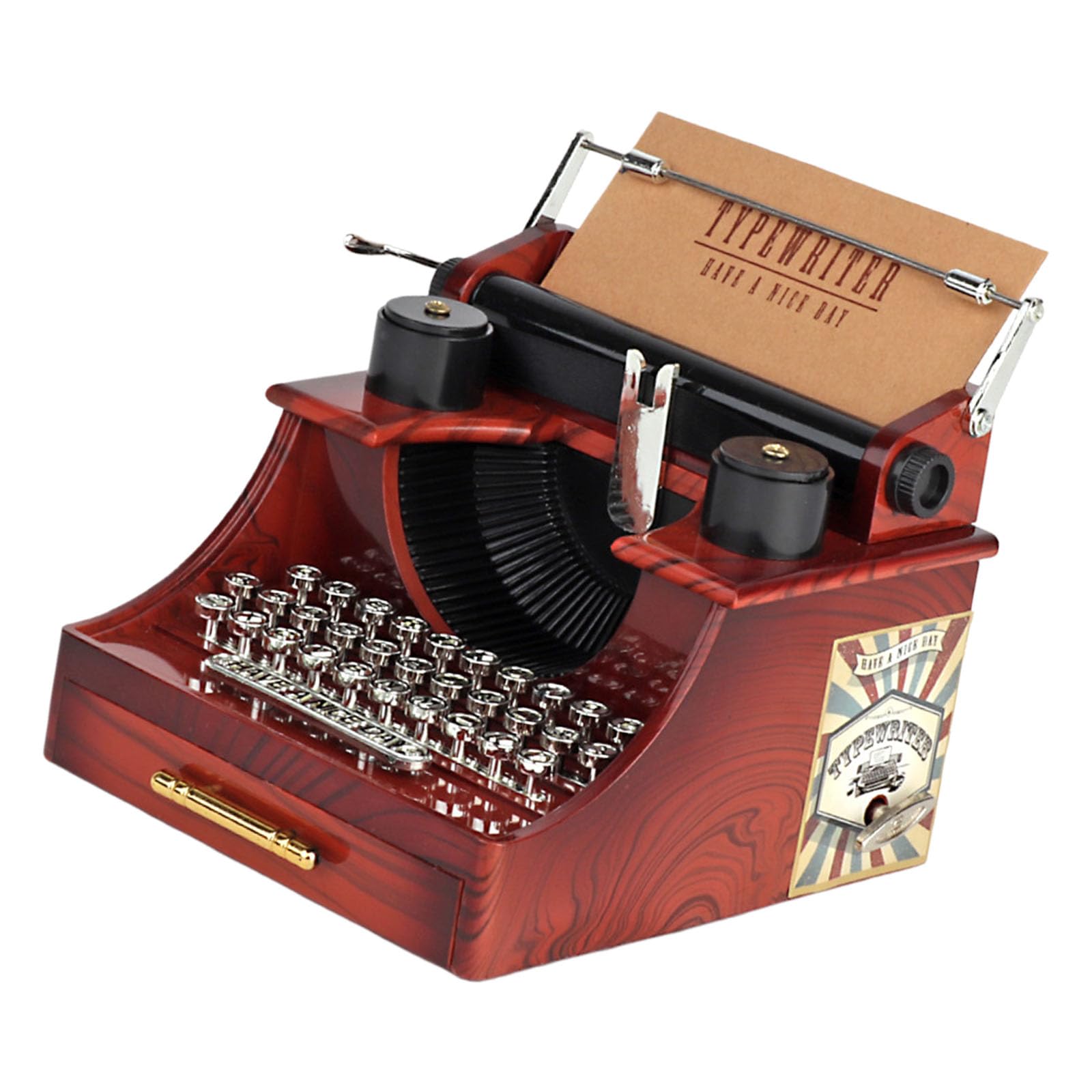 Jazuaiao Decorative Nostalgic Typewriter Music Box with Drawer Wind Up Manual Crank Mechanical Jewelry for Simple Use Gift Wind Up Music