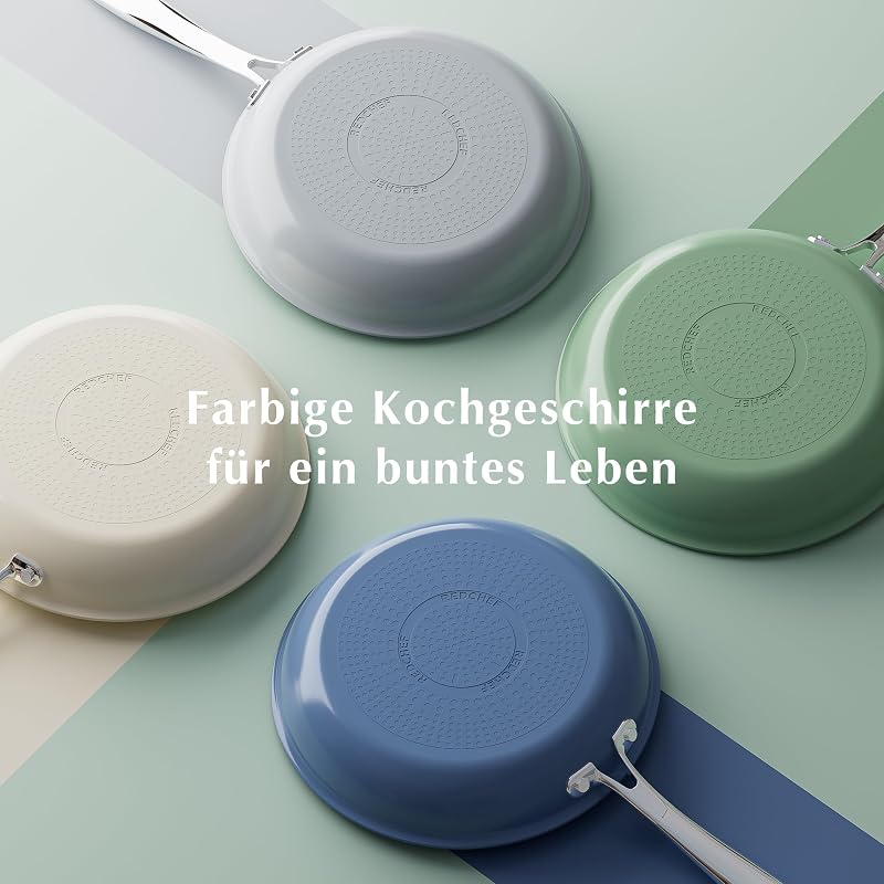 Set de tigăi antiaderente cu înveliș ceramic Redchef 20, 24, 28 cm, pentru inducție și toate tipurile de plite, fără PTFE, PFAS, PFOA, bej