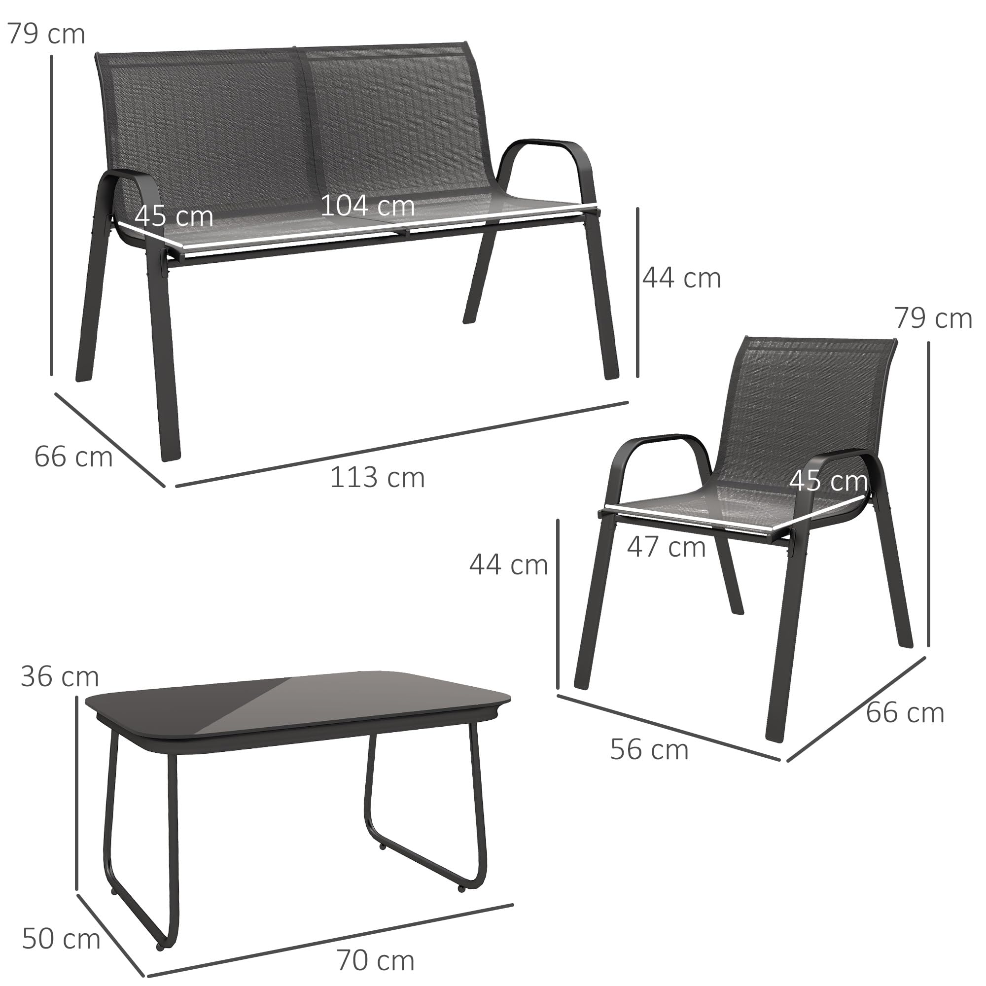 Outsunny Set Salotto da Giardino 4 Pezzi, Divanetto 2 Posti, 2 Sedie Impilabili, Tavolo Caffè Vetro, Acciaio, Texteline Nero