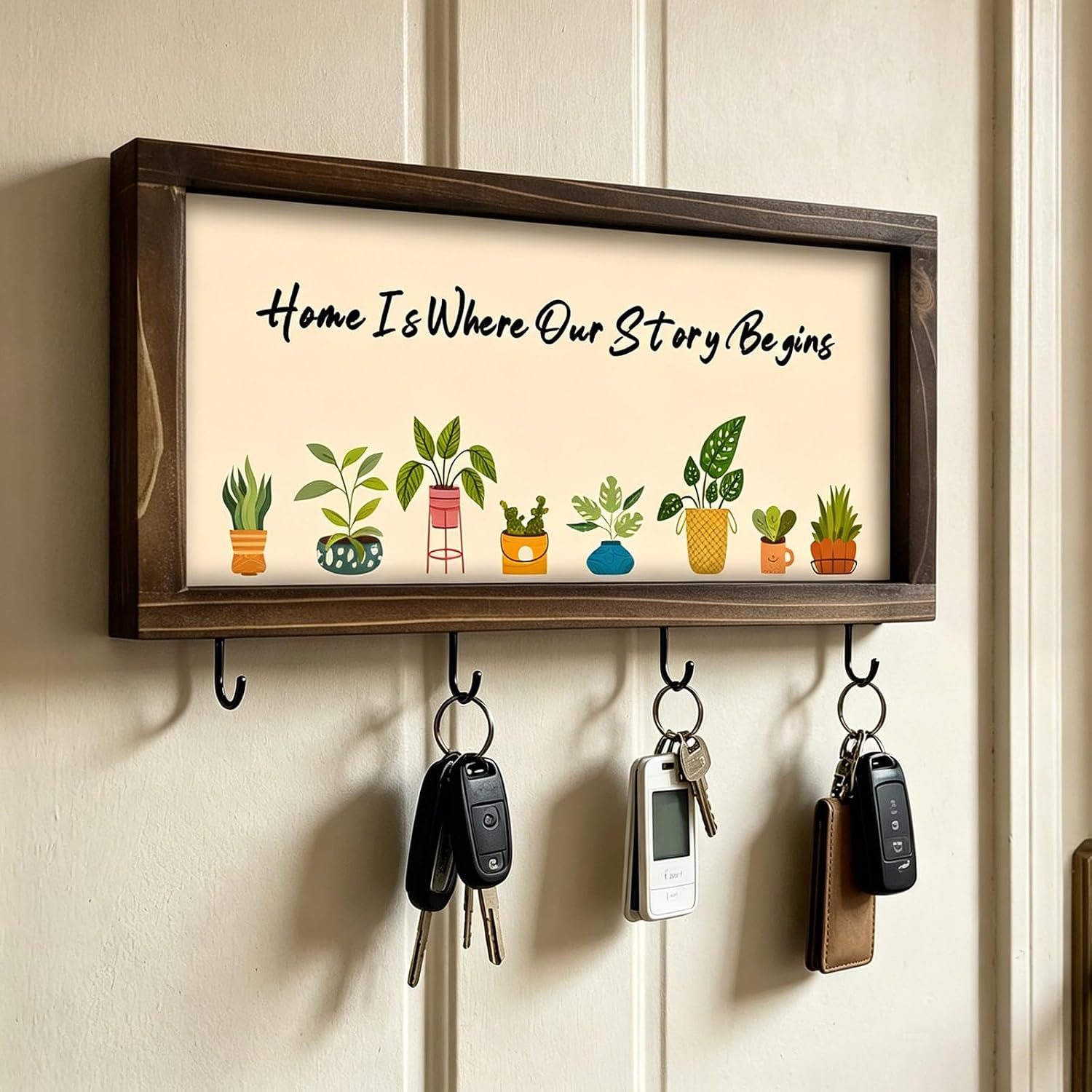 Kas Home Rustic Entryway Wall Decor, Key Holder with 4 Dog Leash Hooks