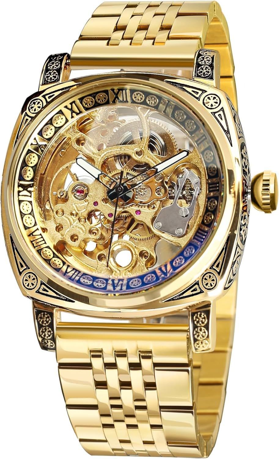 Wuufake Wrist Watch for Men Black Numeral Dial Square Stainless Steel Retro Vintage Skeleton Automatic Self-Wind Leather Strap Timepiece, Yellow-ll