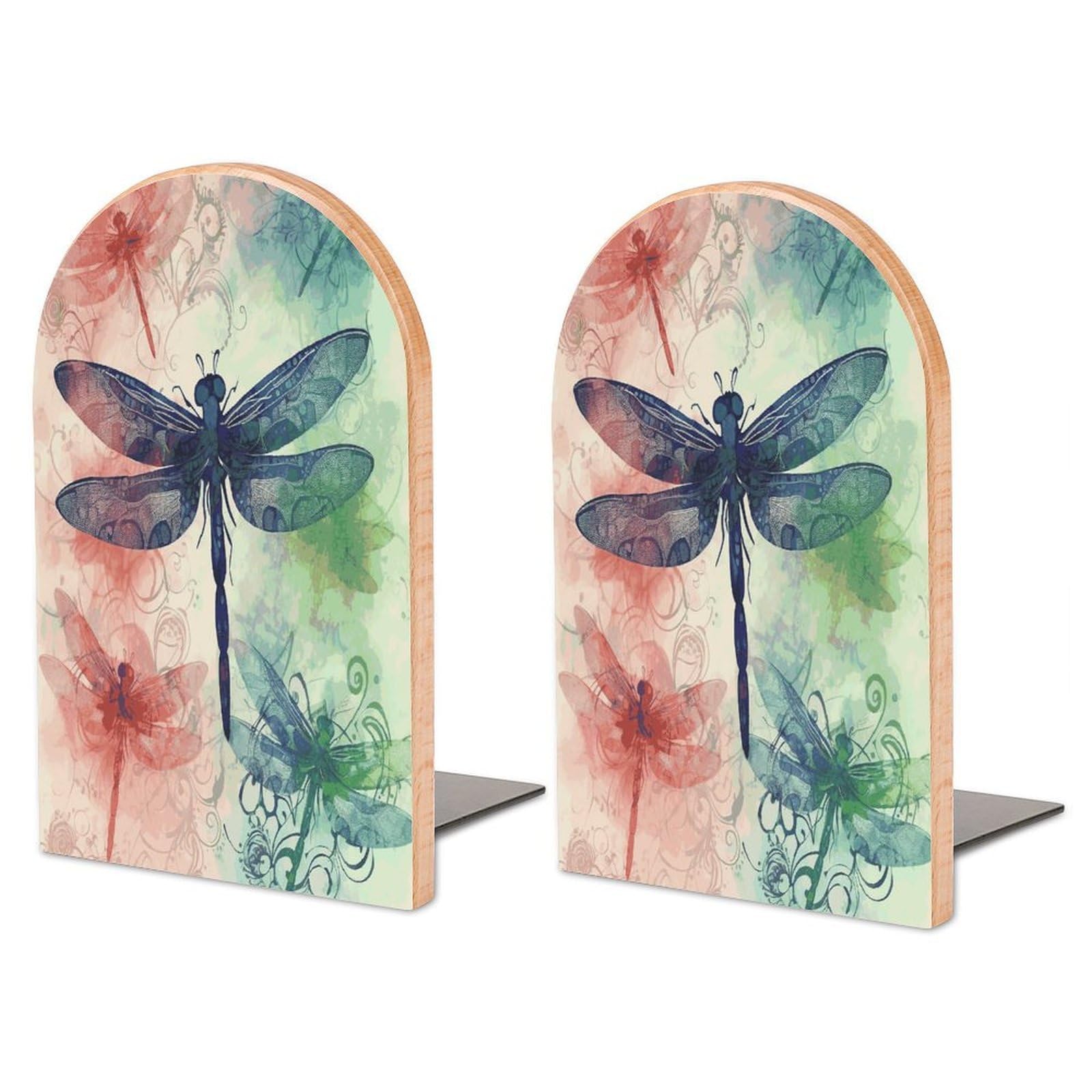 Large Modern Dragonfly Book End with Metal Base Fashion Heavy Duty Bookend Exquisite Wooden Bookends Non-Skid Book Stopper for Shelves Books Organizer for Office Home 1 Pair