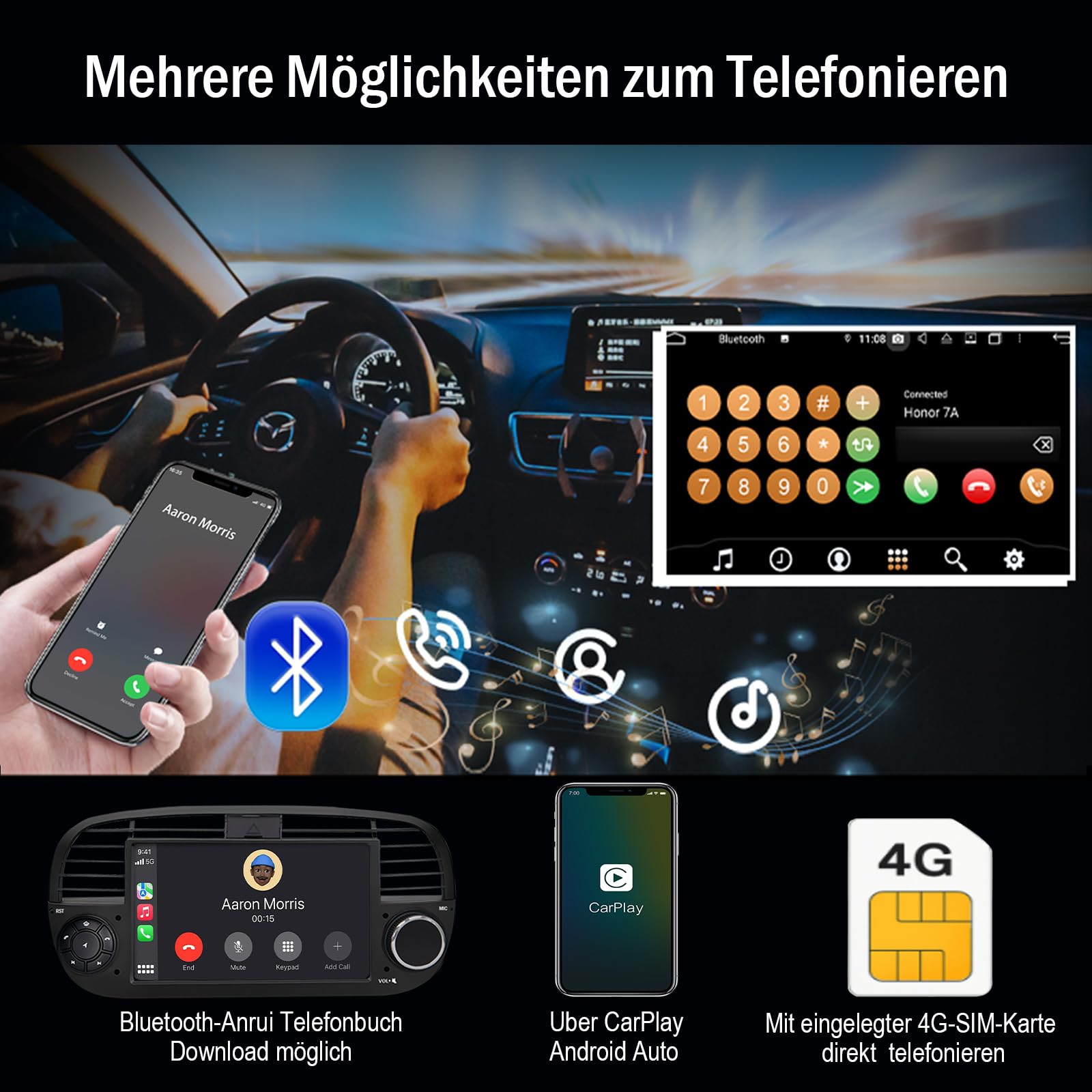 Autoradio Android 14 per Fiat 500C 2007–2015 7" Touchscreen IPS | Navigatore GPS | Wireless CarPlay Android Auto | Bluetooth 5.0 | DSP DAB+ WiFi USB OBD2 | Stereo 1 DIN con Canbus