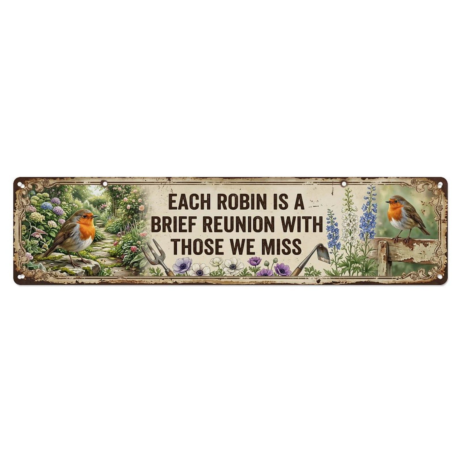 Robin Bird Garden Quote Reunion Metal Tin Skinny Sign Plaque Wall Decor for Cafe, Club Bar, Office, Home Garden Metal Poster 4x16Inch