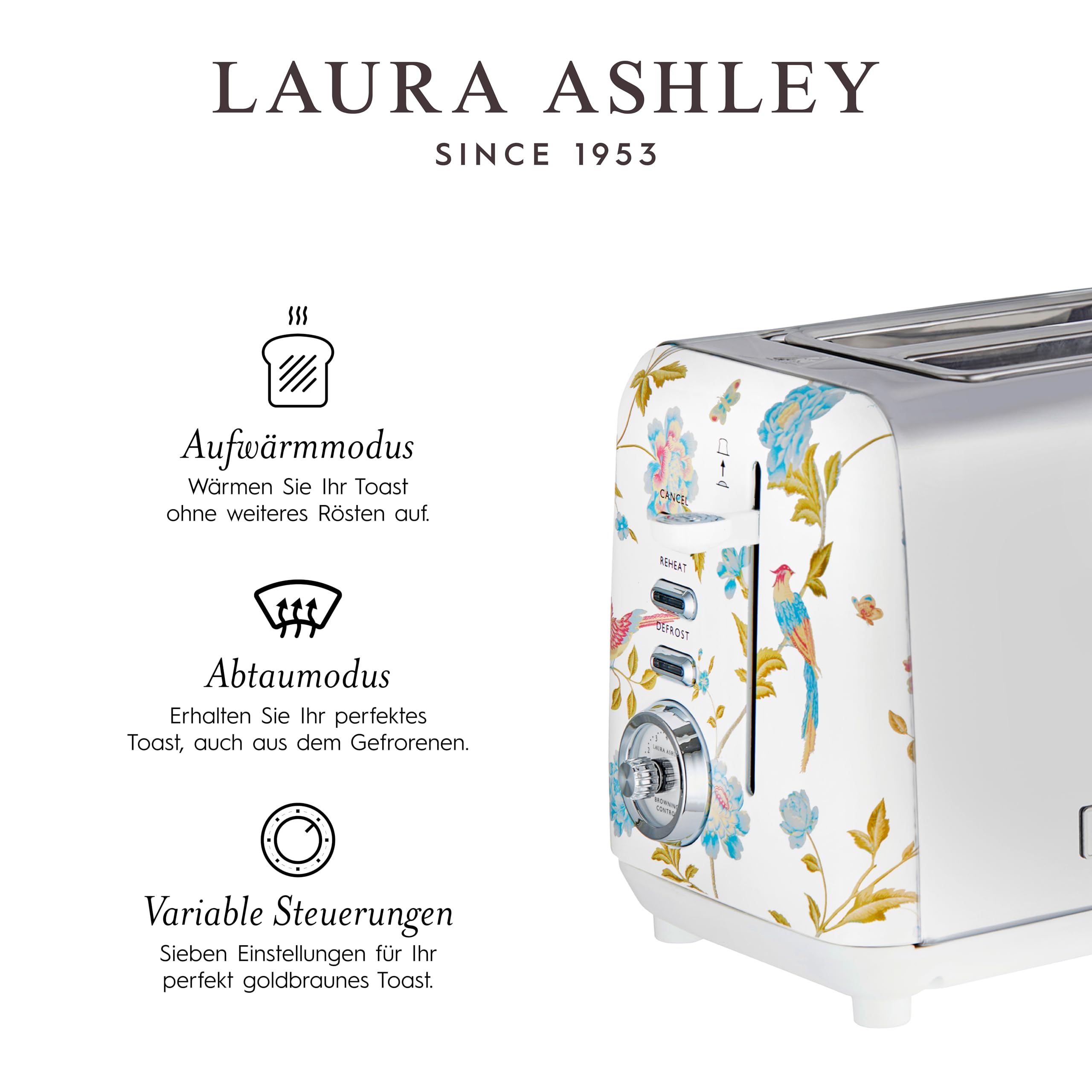 VQ Laura Ashley 2-Scheiben-Toaster mit einstellbaren Heiz-, Auftau- und Aufwärmmodi - Edelstahl Vintage-Toaster mit Aufsatz zum Aufwärmen von Croissants - Elveden White