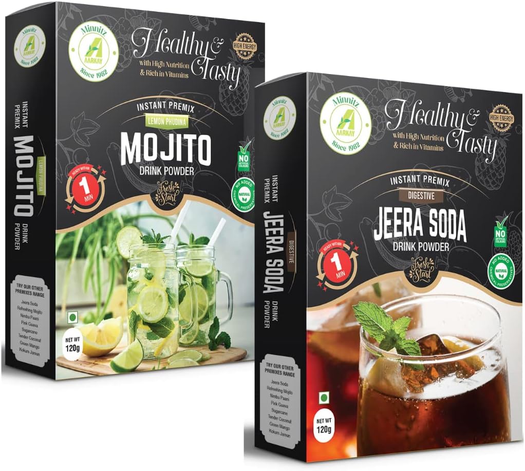 Aarkay All Fresh Instant Healthy High Energy Jeera Soda And Mojito Combo Premix Powder Drink (Pack of 2, 120g each)