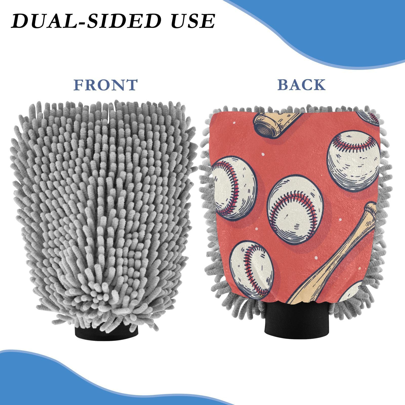ALAZA Baseball Bat Vintage Car Wash Mitt Scratch Free, 2 Pack Absorbent Microfiber/Chenille Washing & Drying Mitts, M