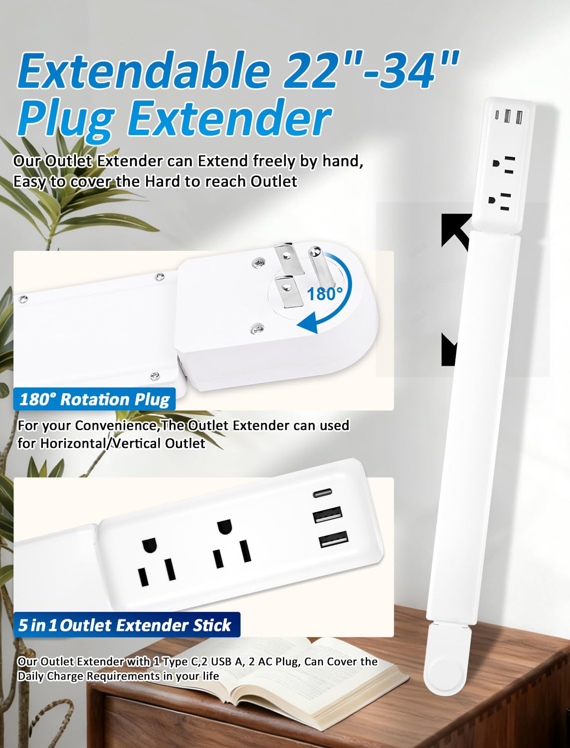 Eletrical - Extensor de toma de corriente vertical de 22 a 34 pulgadas con 2 salidas de CA, puertos USB-A, USB-C, extensor de salida de pared giratorio de 180° para extensor de cable de extensión de